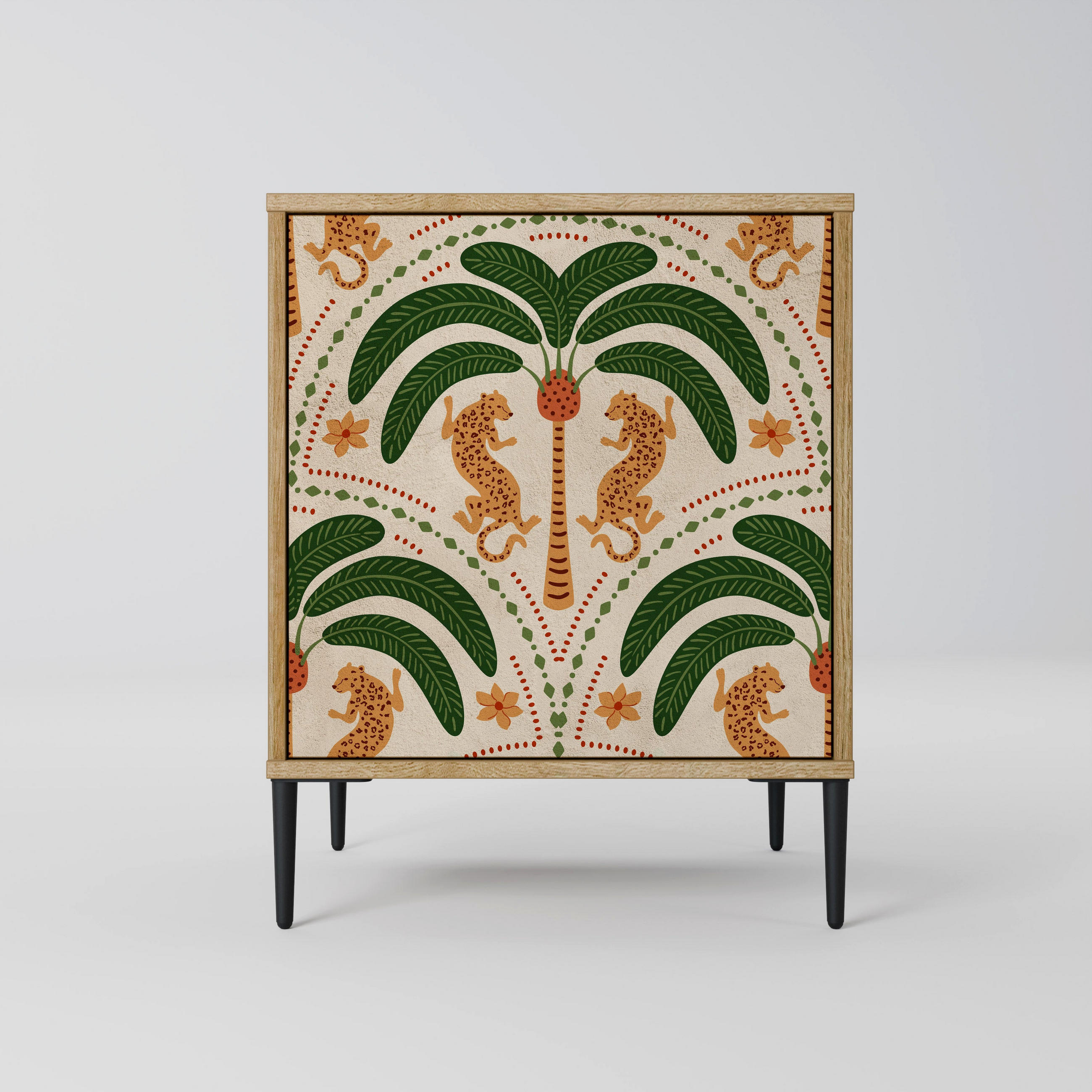 SIDEBOARD DANCING PREDATORS, Eichefarben, 57,5x42x72,5 cm, Schwarze Metallfüße - Eichefarben/Multicolor, Holzwerkstoff/Metall (57.5/72.5/42cm) - SpaceRebels