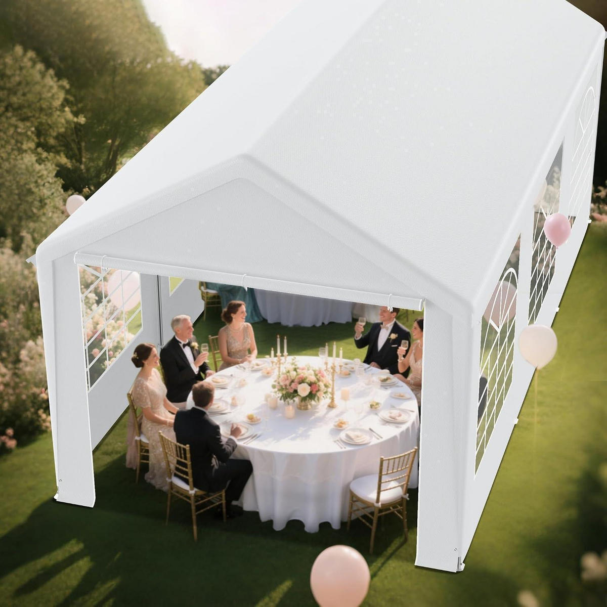 GARTENZELT 3 x 6 m Weiß mit 4 Seitenwänden - Weiß, Textil (300/280/600cm)