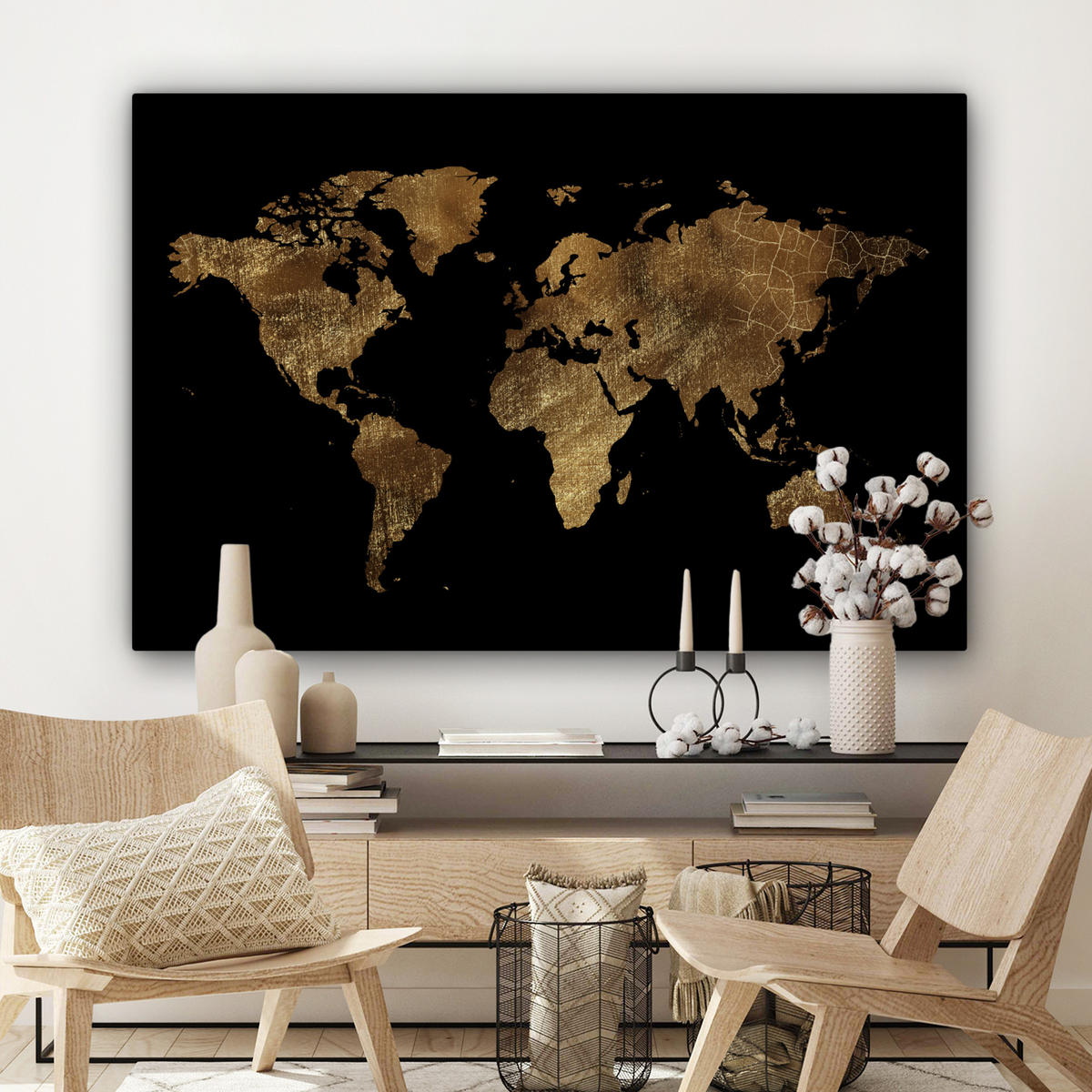 LEINWANDBILD Weltkarte - Gold - Luxus - Erde - Schwarz Groß 140x90 cm - Goldfarben, Textil (140/90cm) - MuchoWow