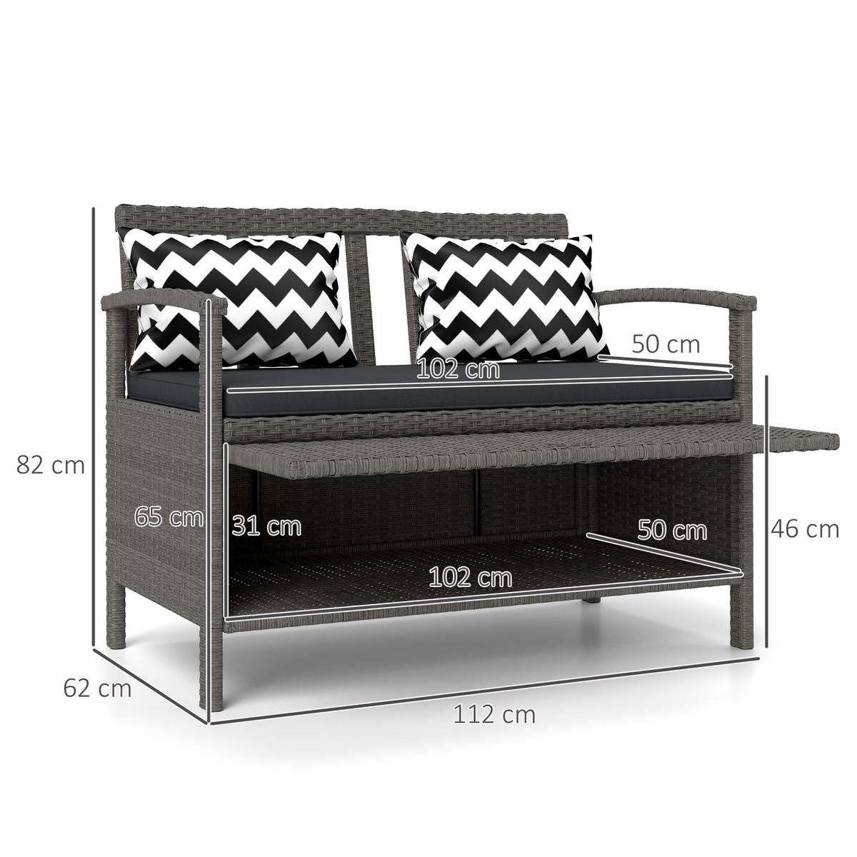 GARTENBANK 2-Sitzer DE-13599 2-Sitzer mit Stauraum 160L, PE-Rattan Grau - Grau, Metall (112/82/62cm) - ComfortXL