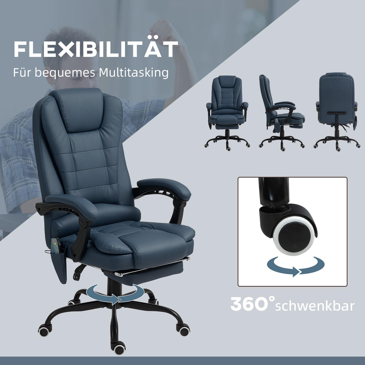 BÜROSTUHL mit 7 Punkt Massage, ergonomischer Chefsessel mit Liegefunktion - Blau/Schwarz, Kunststoff/Metall (67/121/67cm) - Vinsetto