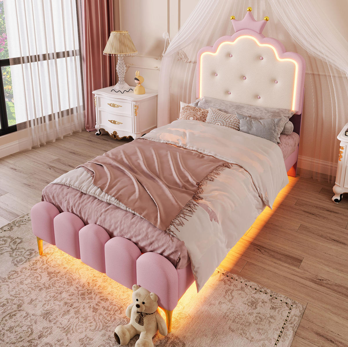POLSTERBETT aus PU und MDF 90x200 cm Rosa mit Lattenrost und LED-Ambientebeleuchtung - Rosa, Kunststoff (90/200cm) - IVMEU