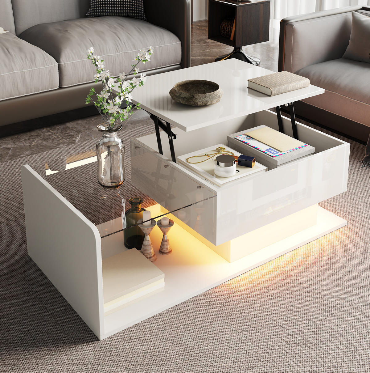 COUCHTISCH aus Spanplatte 100x50x33/47,5 cm in Weiß mit LED-Beleuchtung - Weiß, Holzwerkstoff (100/50/47.5cm) - Modfu