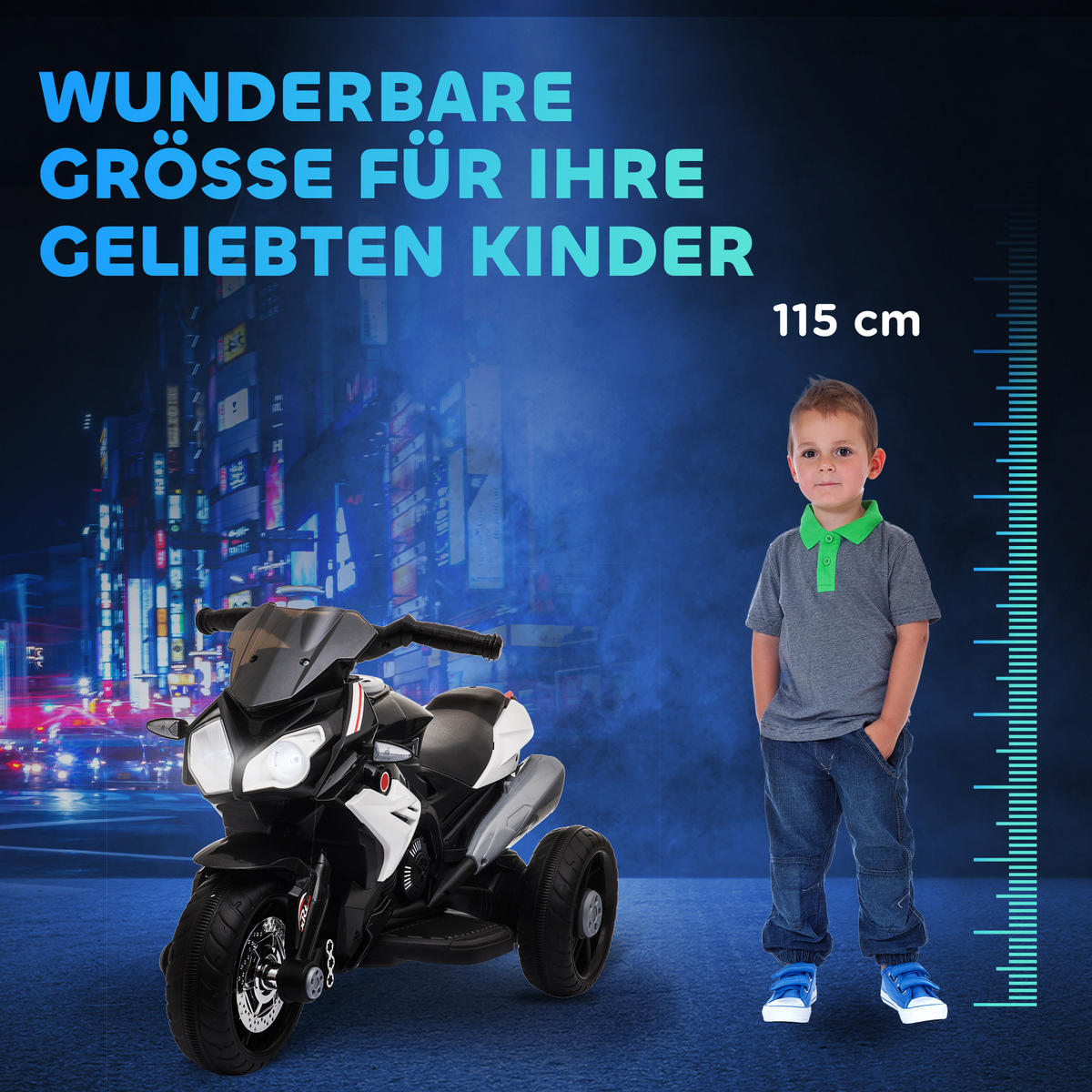 KINDER-ELEKTROMOTORRAD Kinderfahrzeug mit Lichtern und Geräuschen bis 3km/h - Schwarz, Metall (86/42/52cm) - HOMCOM