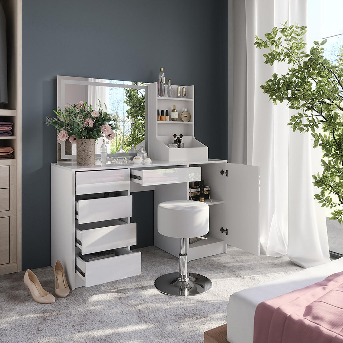 SCHMINKTISCH Sherry Weiß/Weiß Hochglanz 128.2 cm 4 Teile - Weiß Hochglanz, Holzwerkstoff (128.2/76/50.1cm) - Vicco
