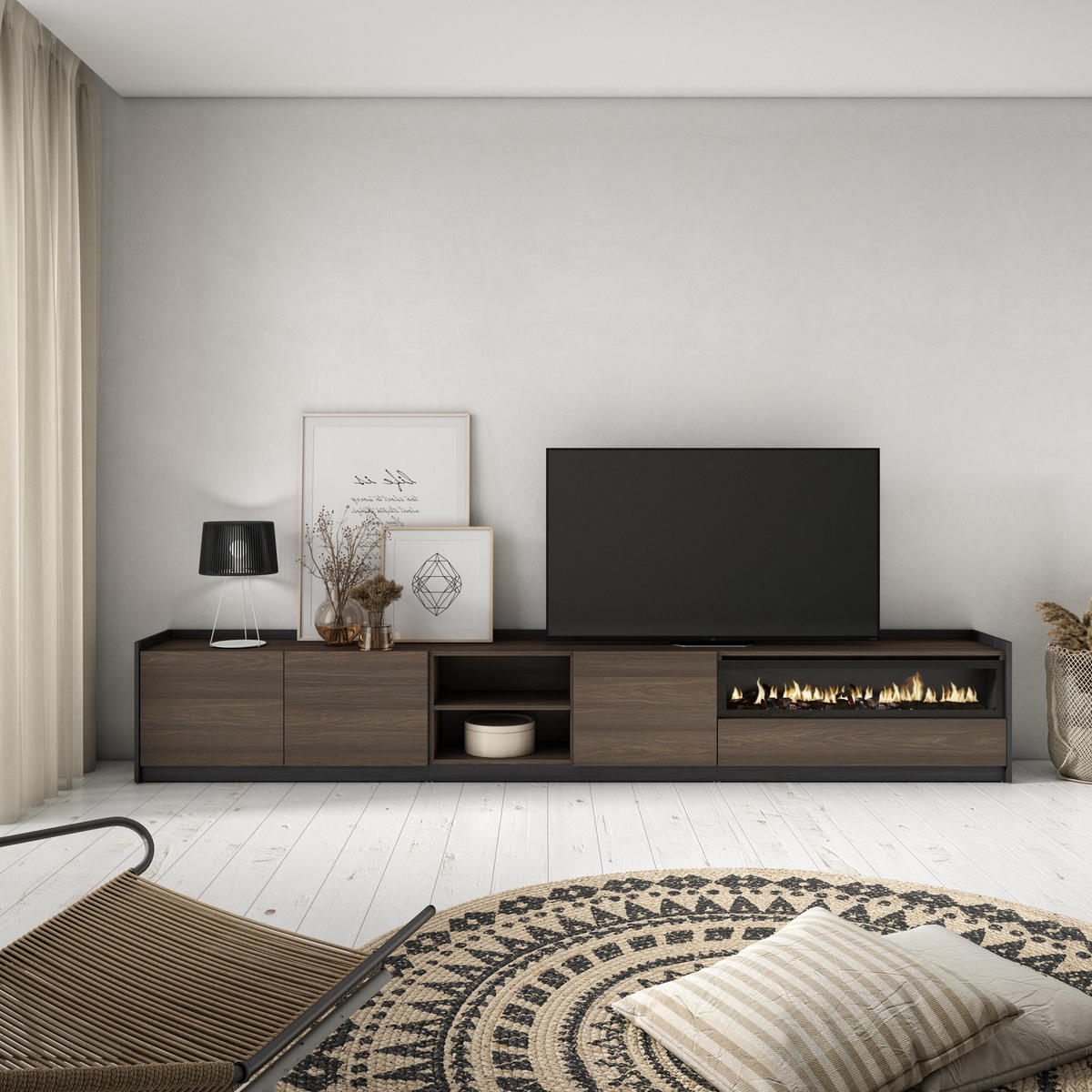 TV-SCHRANK, Dunkler Eiche und Schwarz, Elektrokamin, 310/37/50cm - Dunkelbraun, Holzwerkstoff (310/50/37cm) - Skraut Home