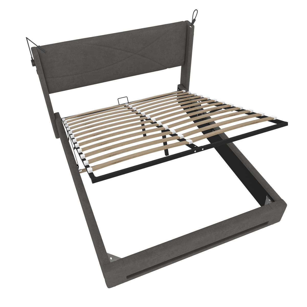 BETTGESTELL 160/200 cm grau mit Leselichtern und Stauraum - Grau, Textil (160/200cm) - OKWISH