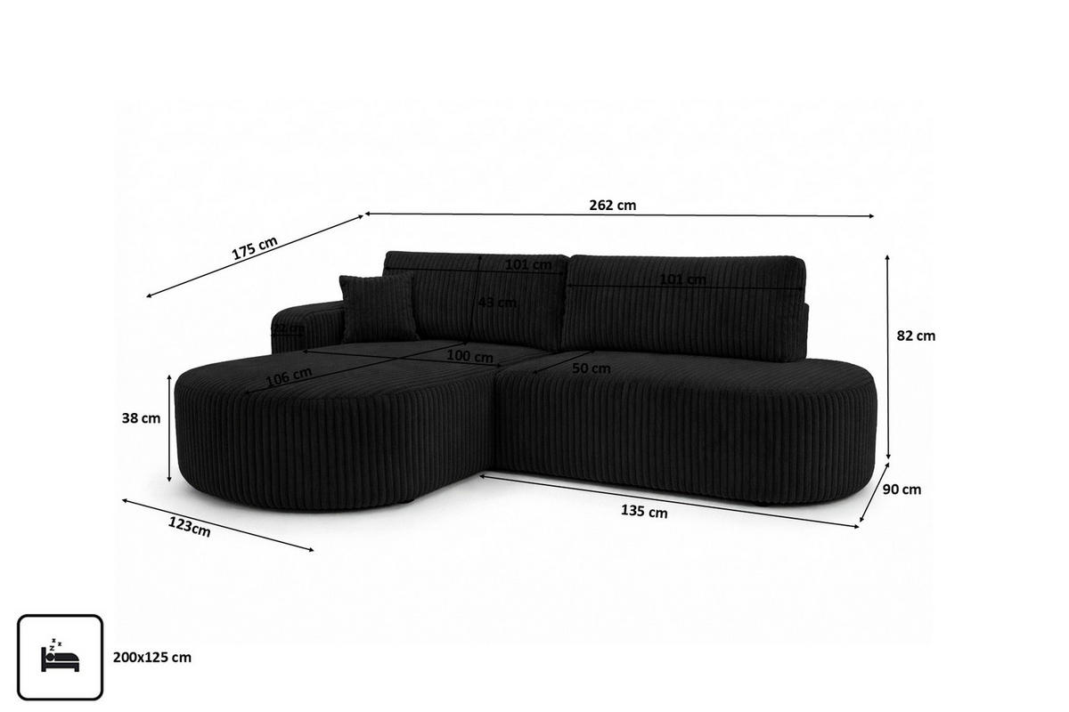 ECKSOFA Mit Schlaffunktion Und Bettkasten, Cordstoff Tilia, Schwarz, Links, ROUND ONE OPEN XL - Schwarz, Holz (262/175cm) - Kaiser Möbel