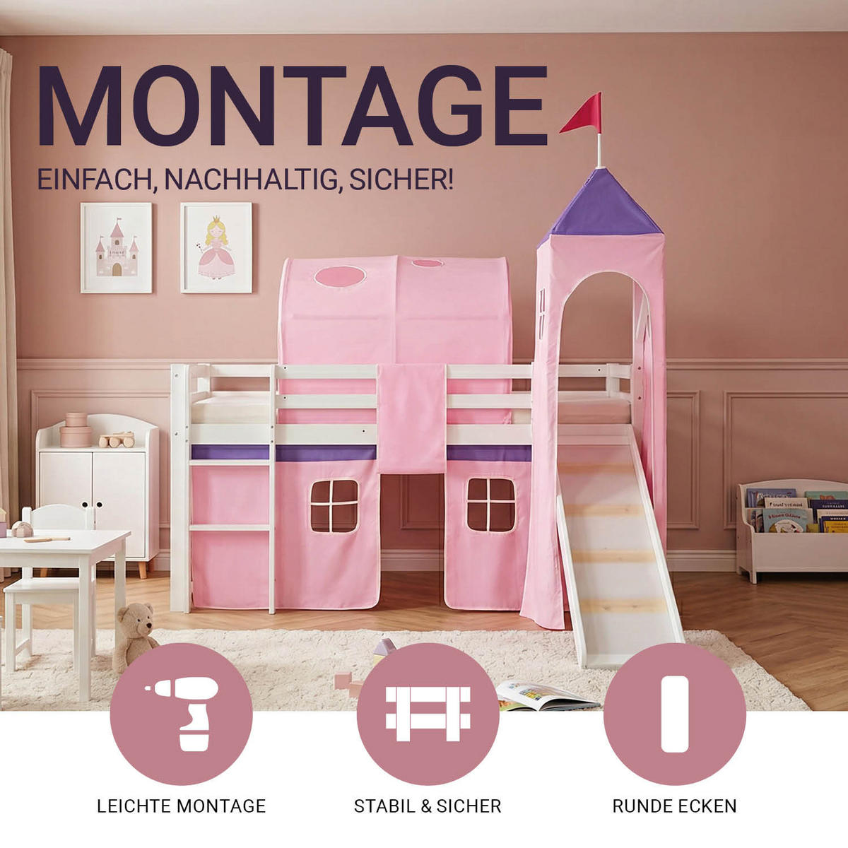 HOCHBETT mit Rutsche 90/200 cm Rosa - Weiß/Rosa, Holz - Homestyle4u