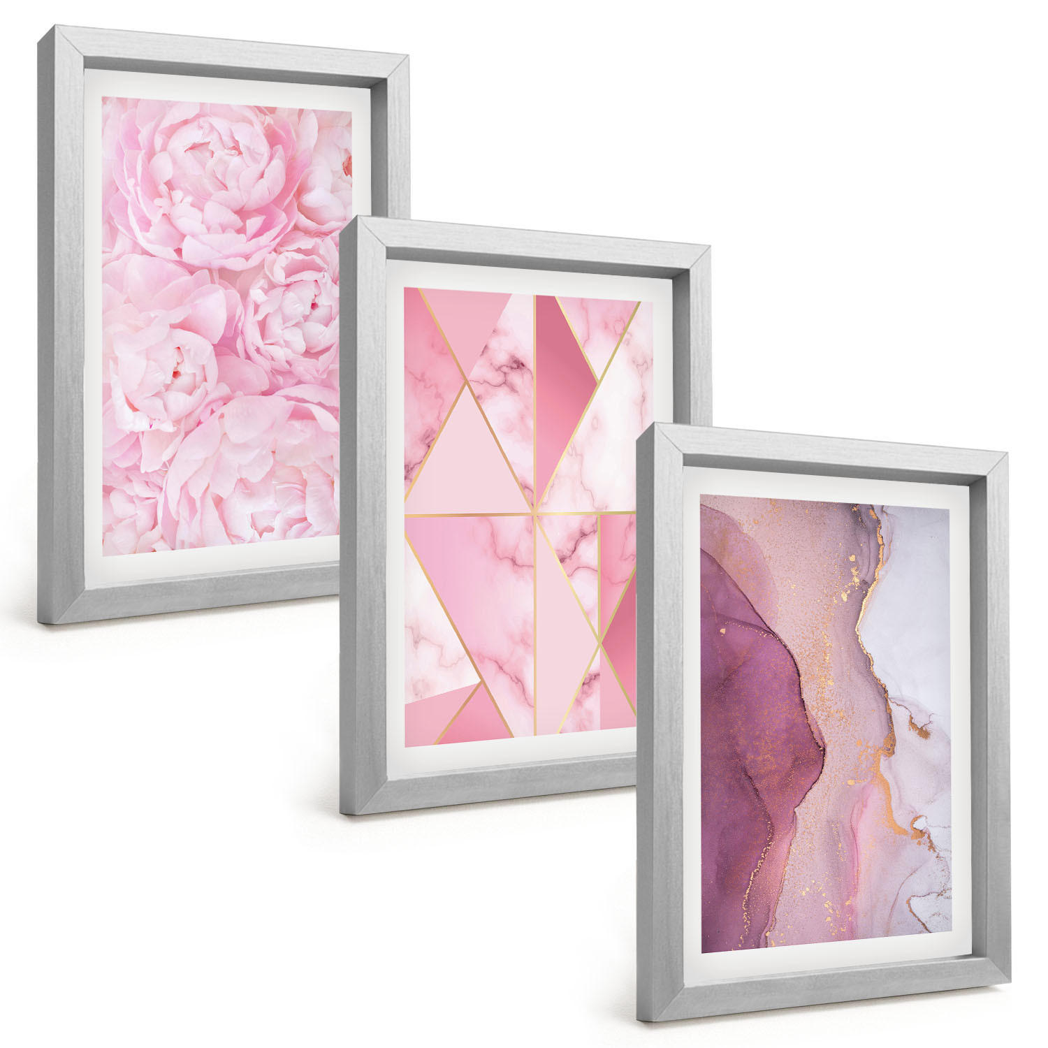 BILDER SET 3er Set - 20x30 cm Silberner Rahmen - Rosa geometrische Pfingstrosen - Silberfarben, Kunststoff (20/30cm) - TULUP