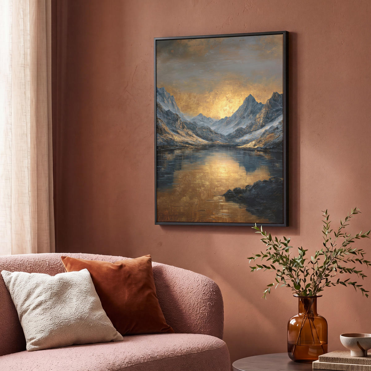 LEINWAND Bilder mit Rahmen - Bergkulisse mit goldenem Sonnenuntergang - 70x100 - Goldfarben, Textil (70/100cm) - MuchoWow