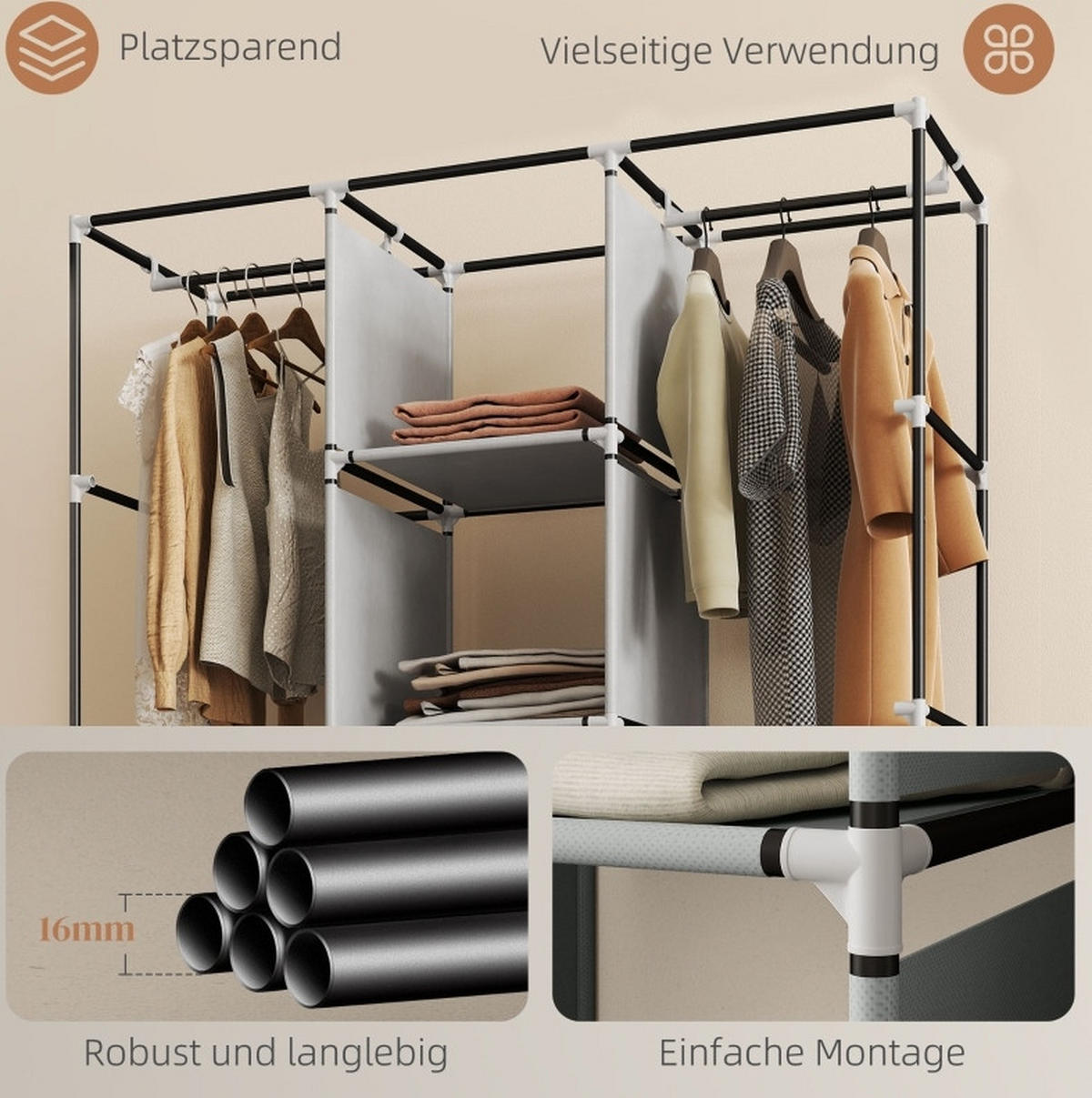 KLEIDERSCHRANK aus Stoff 125x43x162,5 cm Hellgrau mit 8 Fächern, 2 Kleiderstangen und Staubschutz - Hellgrau, Textil (125/162.5/43cm) - Modfu