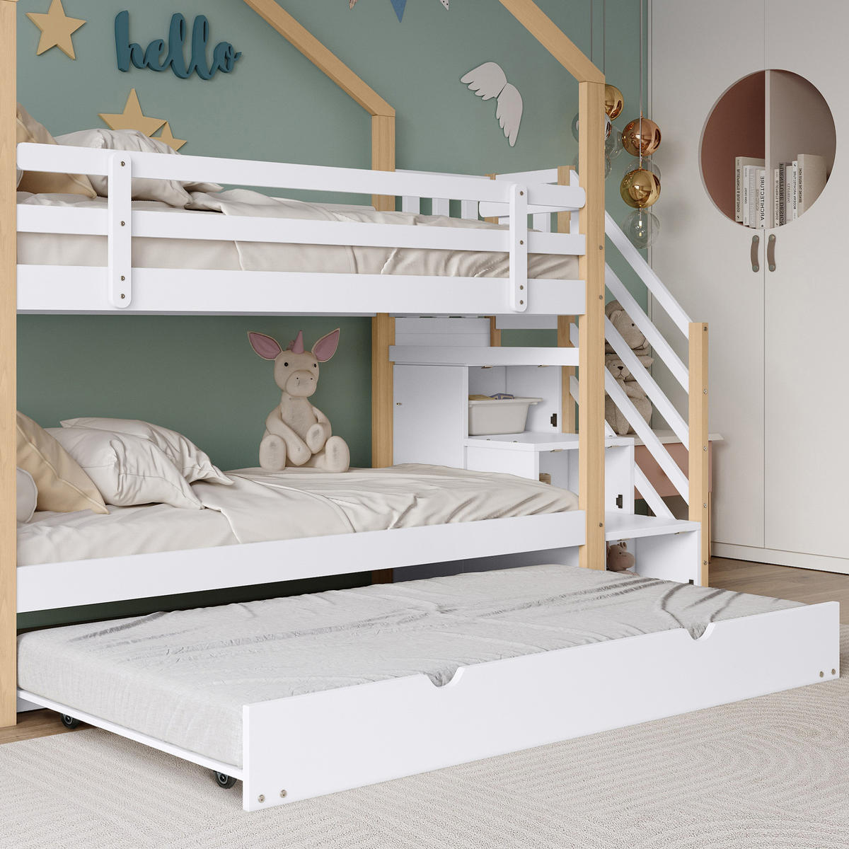 HAUSBETT 90/200 cm ausziehbar mit Treppe und Schubladen in Natur/Weiß - Weiß, Holz (90/200cm) - BEAOK