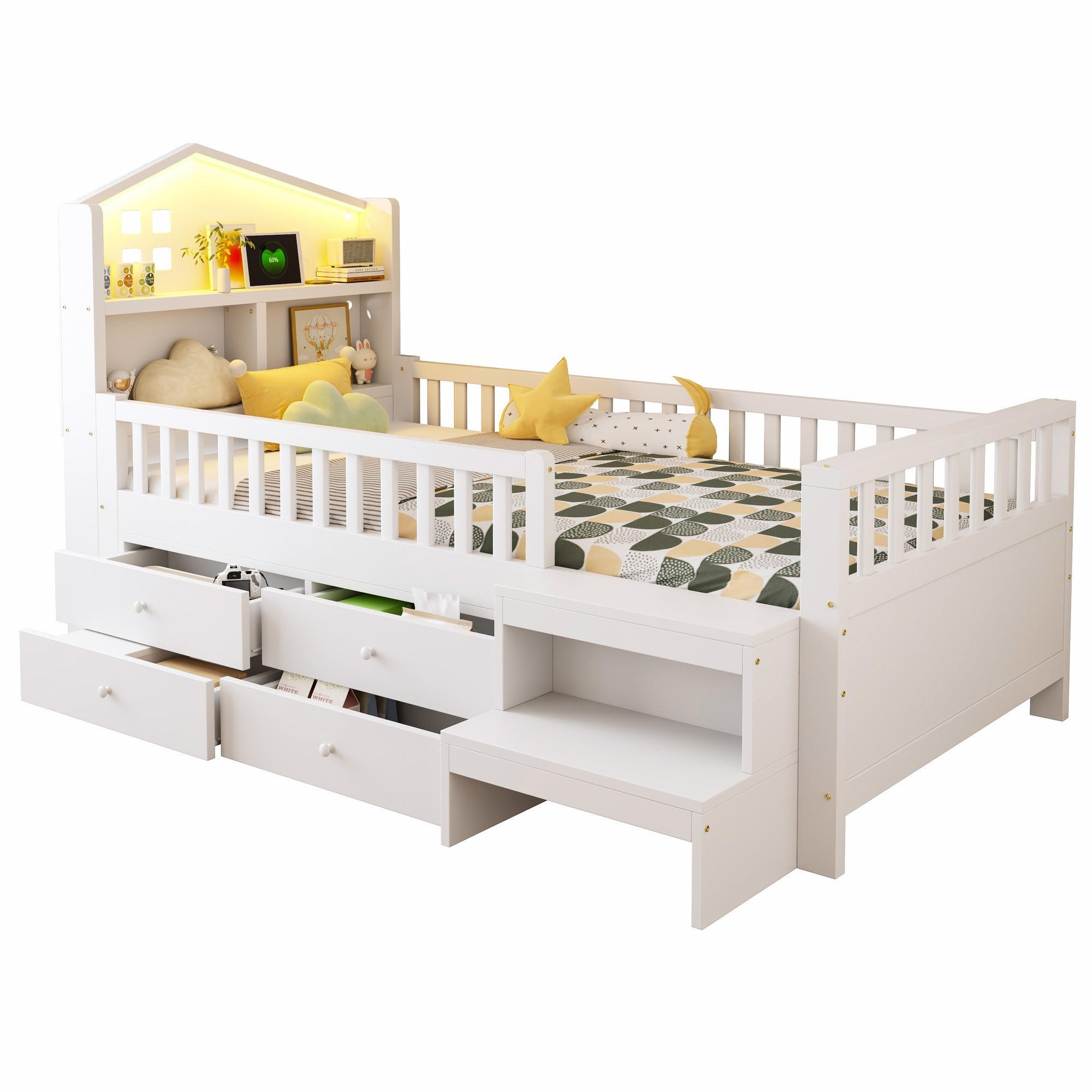 KINDERBETT 90x200 cm LED USB Schubladen weiß - Weiß, Holz (90/200cm) - LEBENLANG