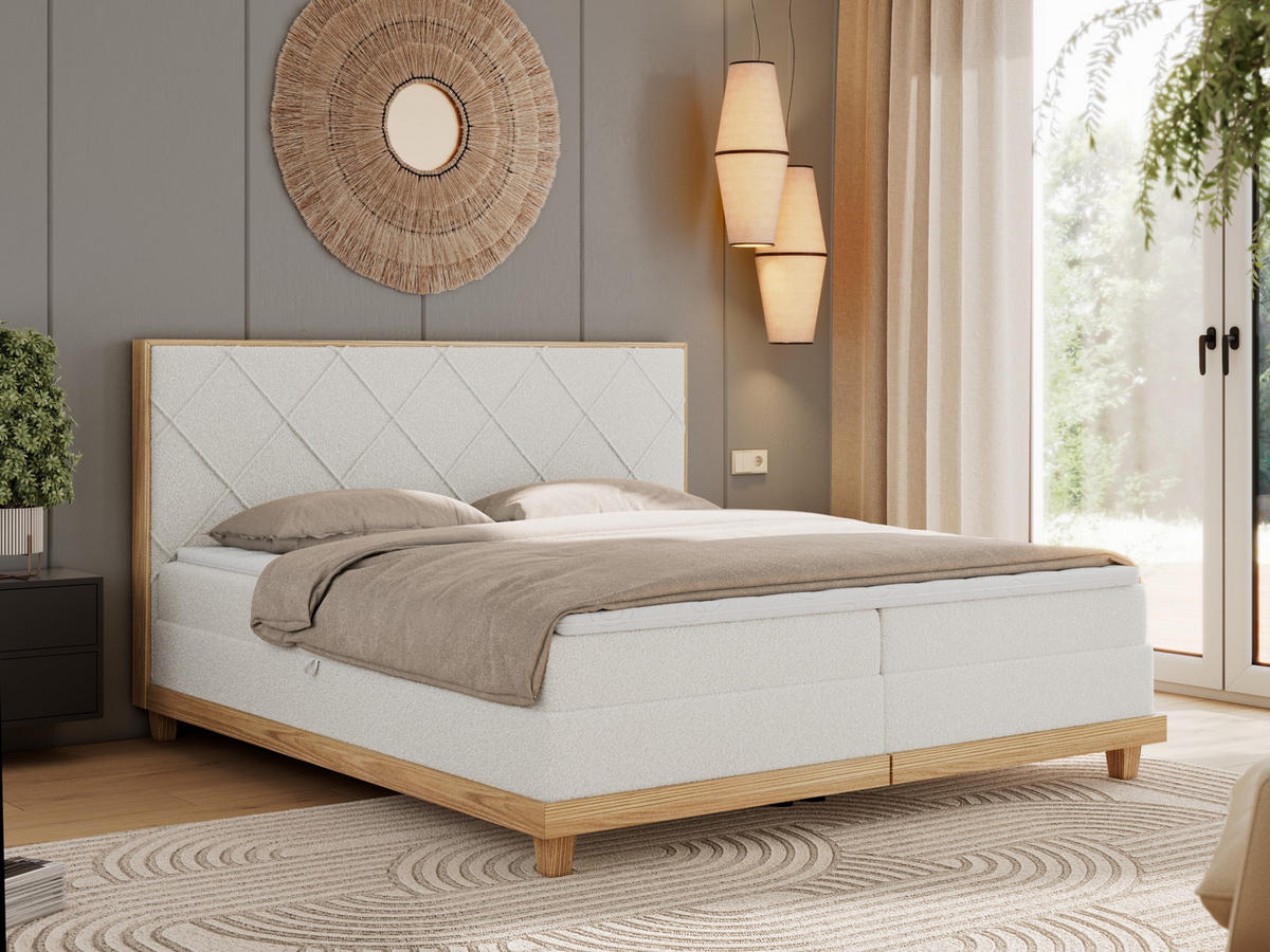 BOXBETT CAICOS 160/200 - Weiß Boucle - H4 - Weiß, Holz/Textil (160/200cm) - MKS