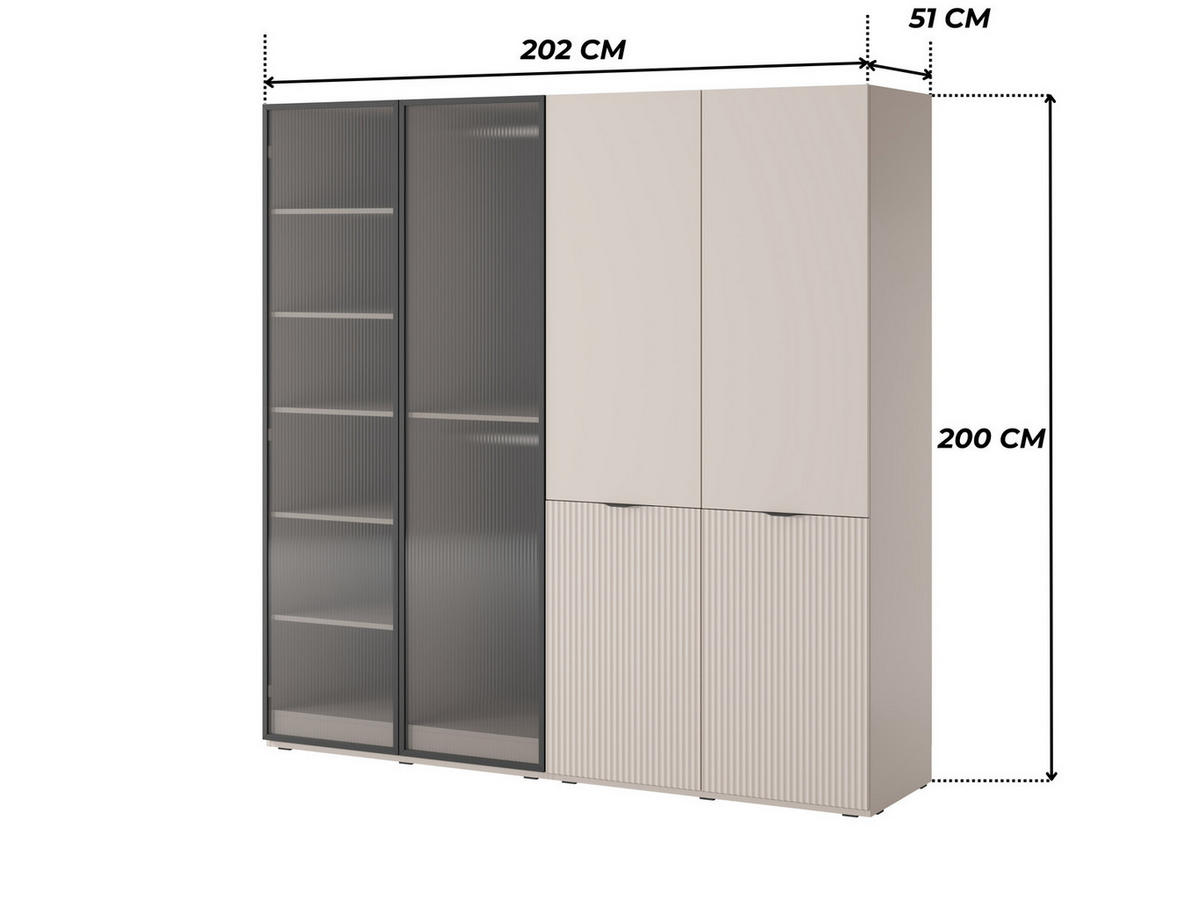 KLEIDERSCHRANK ZEN (Modular, Cashmere Matt, Cashmere & Geriffeltes Glas Flutes, 4-türig) - Kaschmir/Schwarz, Holz/Holzwerkstoff (202/200/51cm) - Ravio