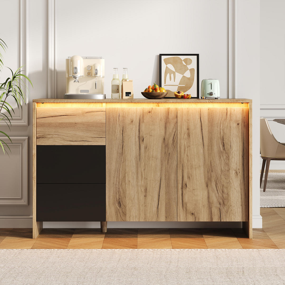 SIDEBOARD in Naturfarben und Schwarz Küchenschrank mit 2 Türen und 3 Schubladen für Esszimmer, B120/T40/H76cm - Schwarz/Naturfarben, Holzwerkstoff/Metall (120/40/76cm) - STILVORA