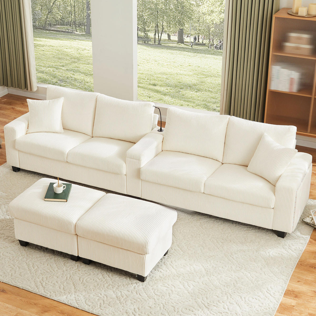 ECKSOFA aus Cord in Beige mit LED Beleuchtung & smarten USB-Anschlüssen - Beige, Textil (128/334cm) - Urban Meuble