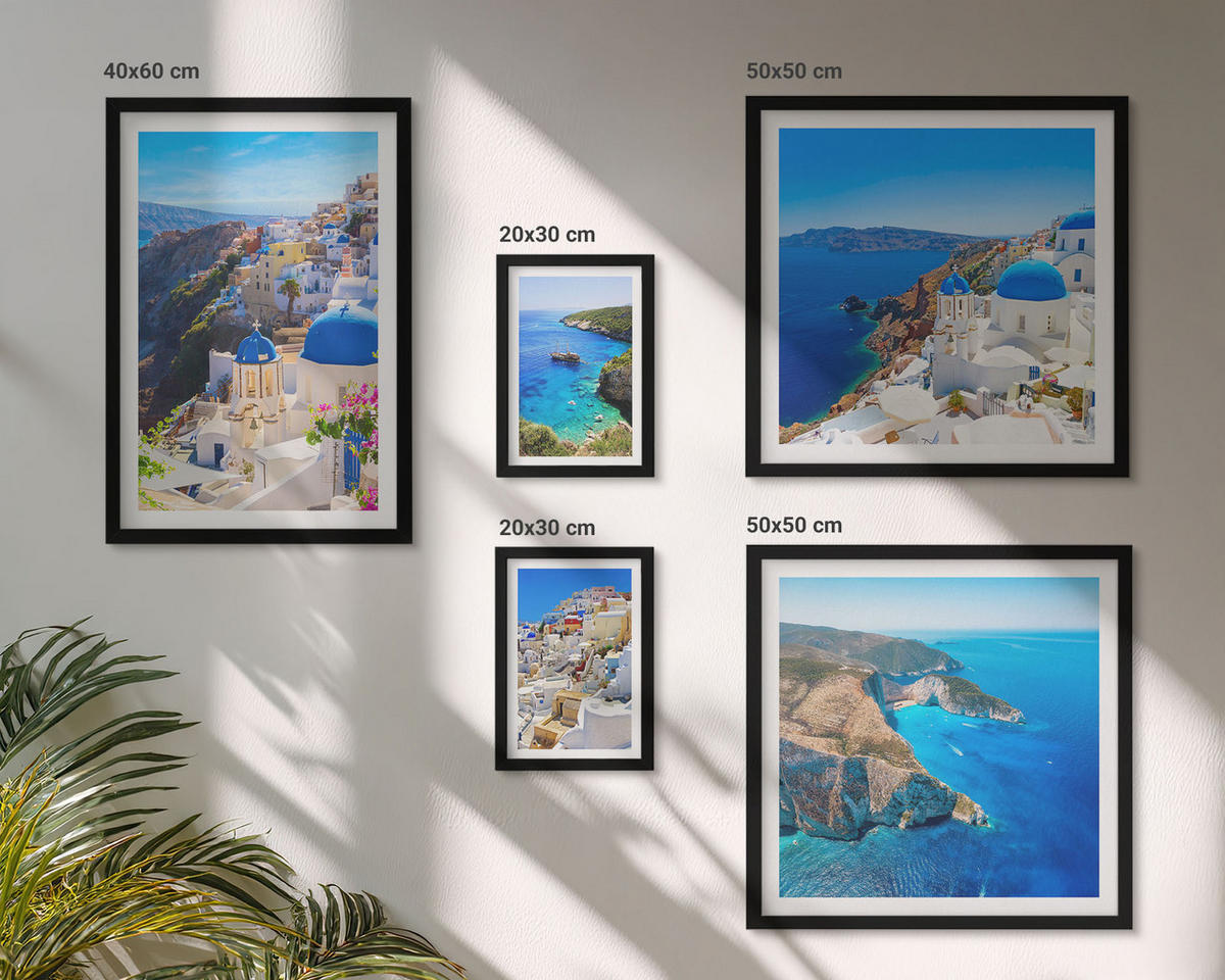BILDER SET 5er Set - 50x50 cm & 20x30 cm & 40x60 cm Schwarzer Rahmen - Architekturlandschaft Oia Santorin Griechenland - Schwarz, Kunststoff (40/60cm) - TULUP