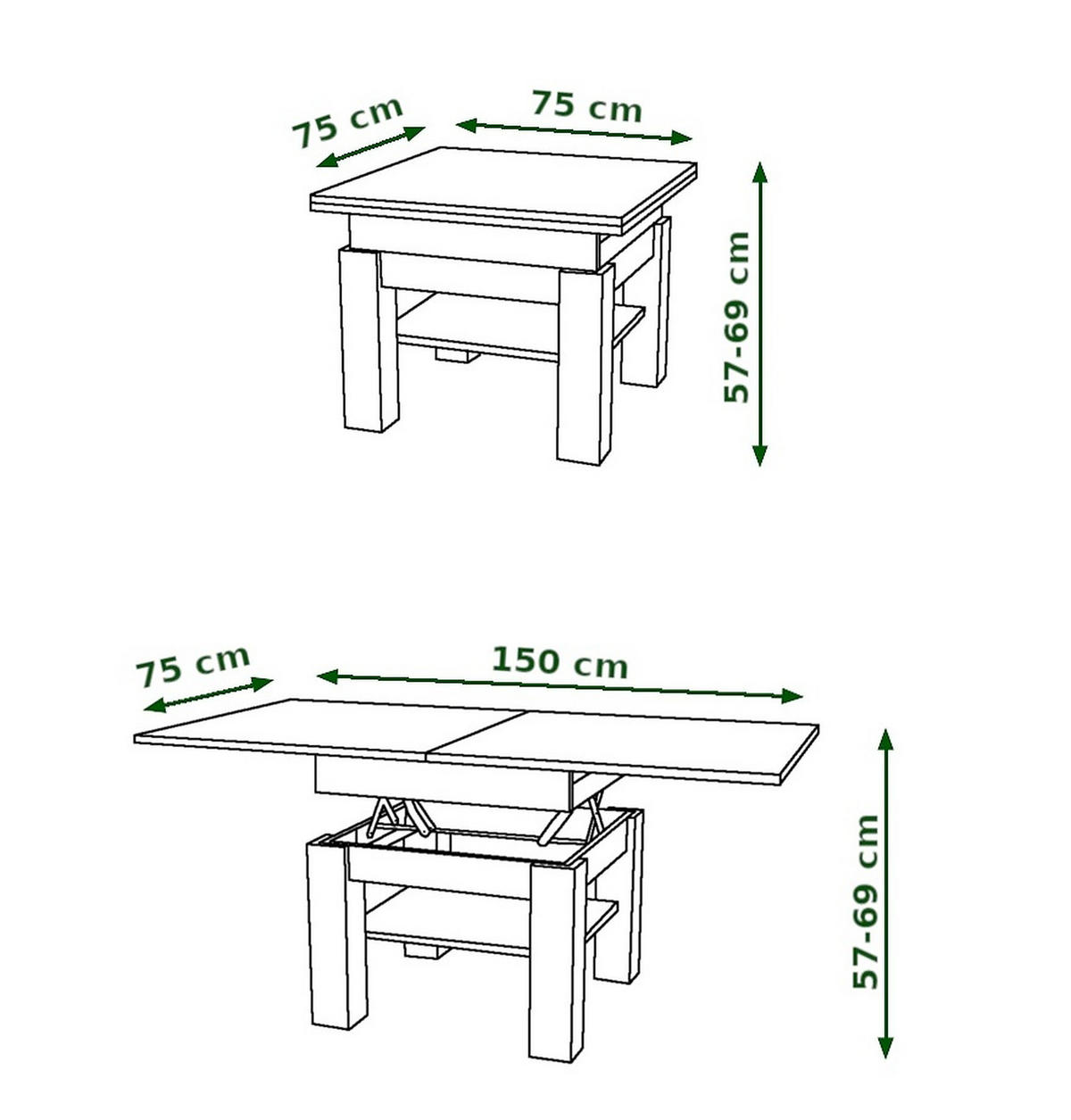 COUCHTISCH quadratisch aufklappbar höhenverstellbar 70/75/69 cm - Nussbaumfarben, Holzwerkstoff (75/70/57cm) - designimpex