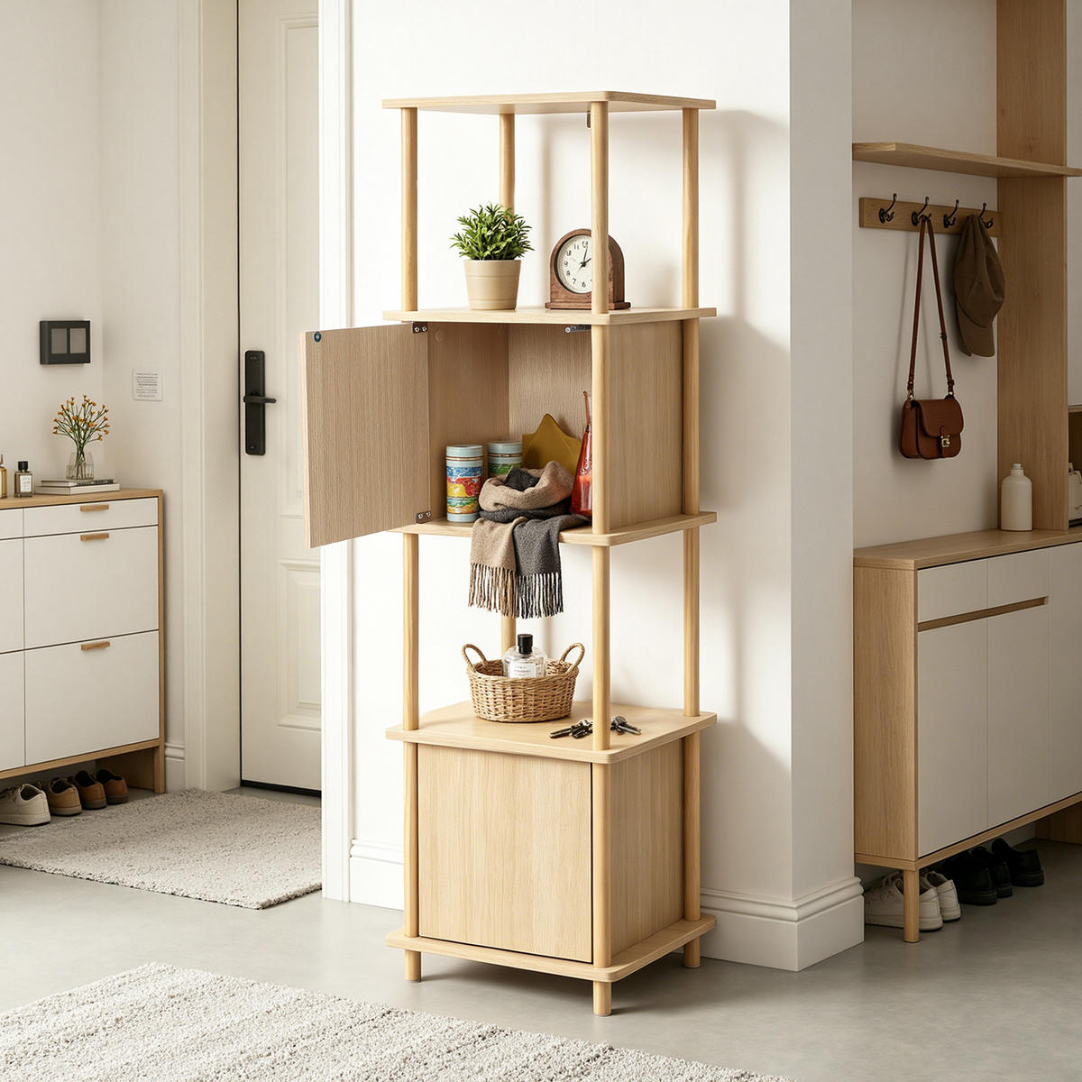 SCHMALES Standregal mit 4 Ablagen und Stauraum, Bücherregal - Alteiche, Holz (35/148/40cm)