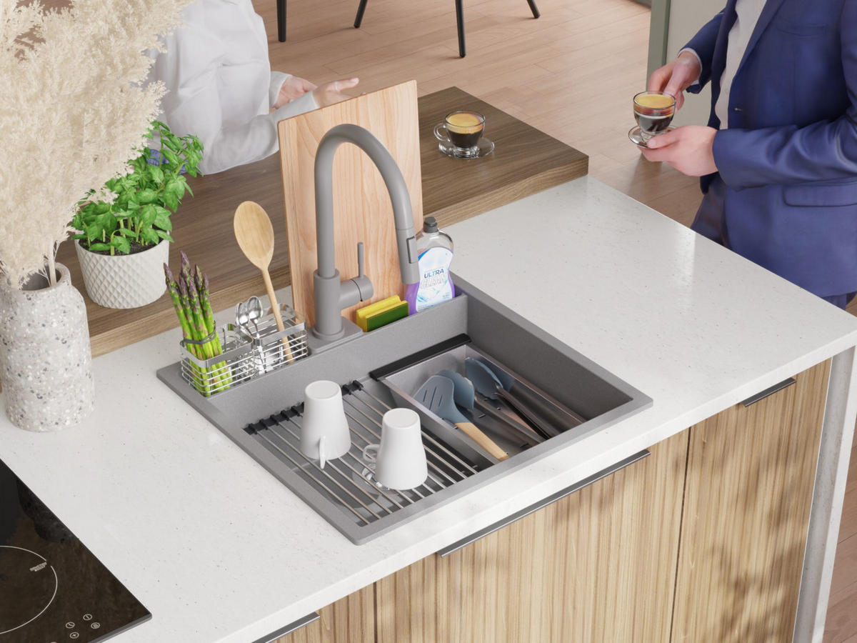 SPÜLBECKEN Bergen Pocket, 2-er set Grau 56/54 cm 1 Becken + Ablauf-Set + Küchenzubehörset ab 60er Unterschrank - Chromfarben/Beige, Kunststoff (56/20/54cm) - Primagran