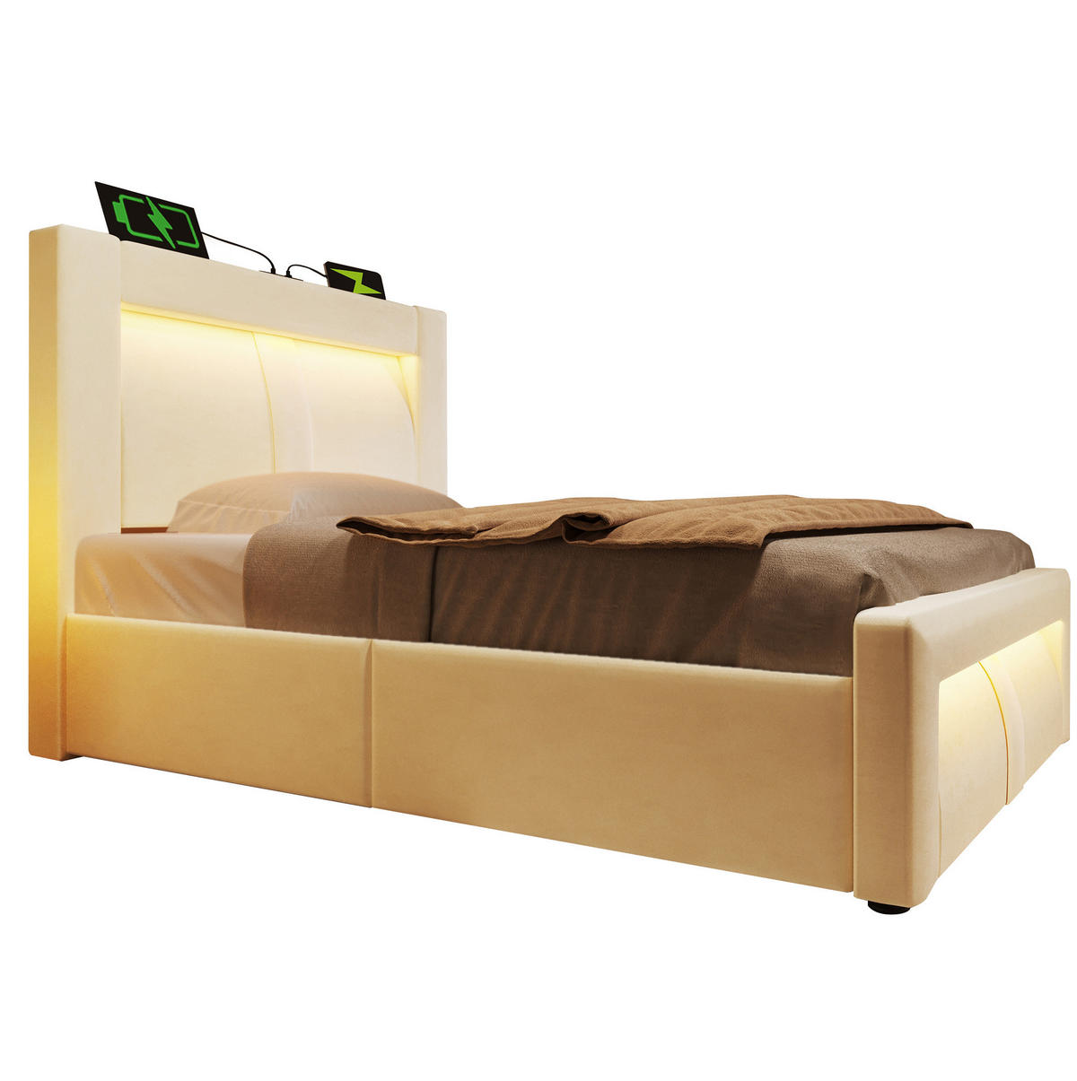 BETT 90/200 cm aus Samt mit Stauraum und LED-Beleuchtung in Beige - Beige, Textil (90/200cm) - Flora Grace