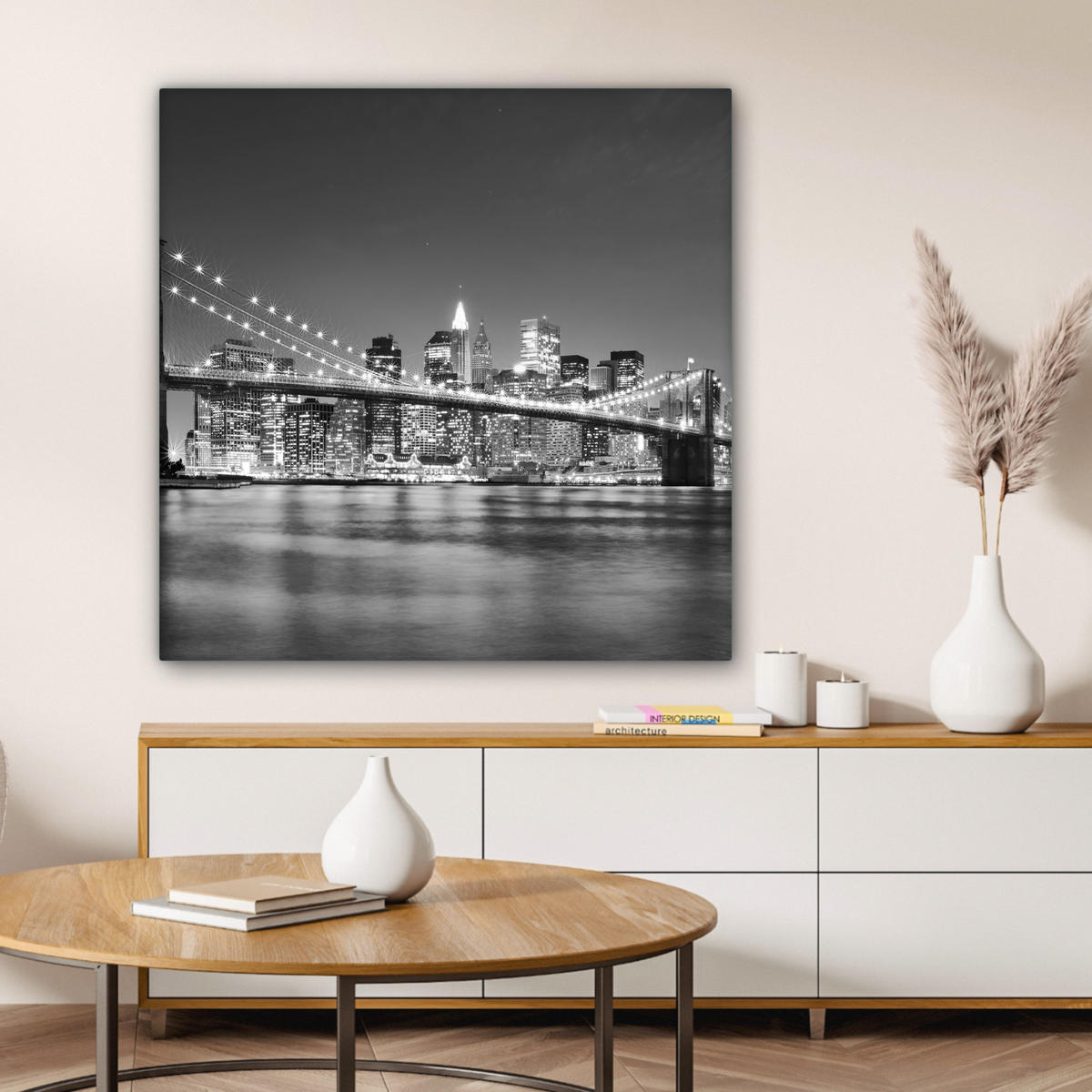 LEINWANDBILD - New York - Brücke - Brooklyn - Schwarz und weiß - Architektur - 90x90 - Gemälde - Schwarz, Textil (90/90cm) - MuchoWow