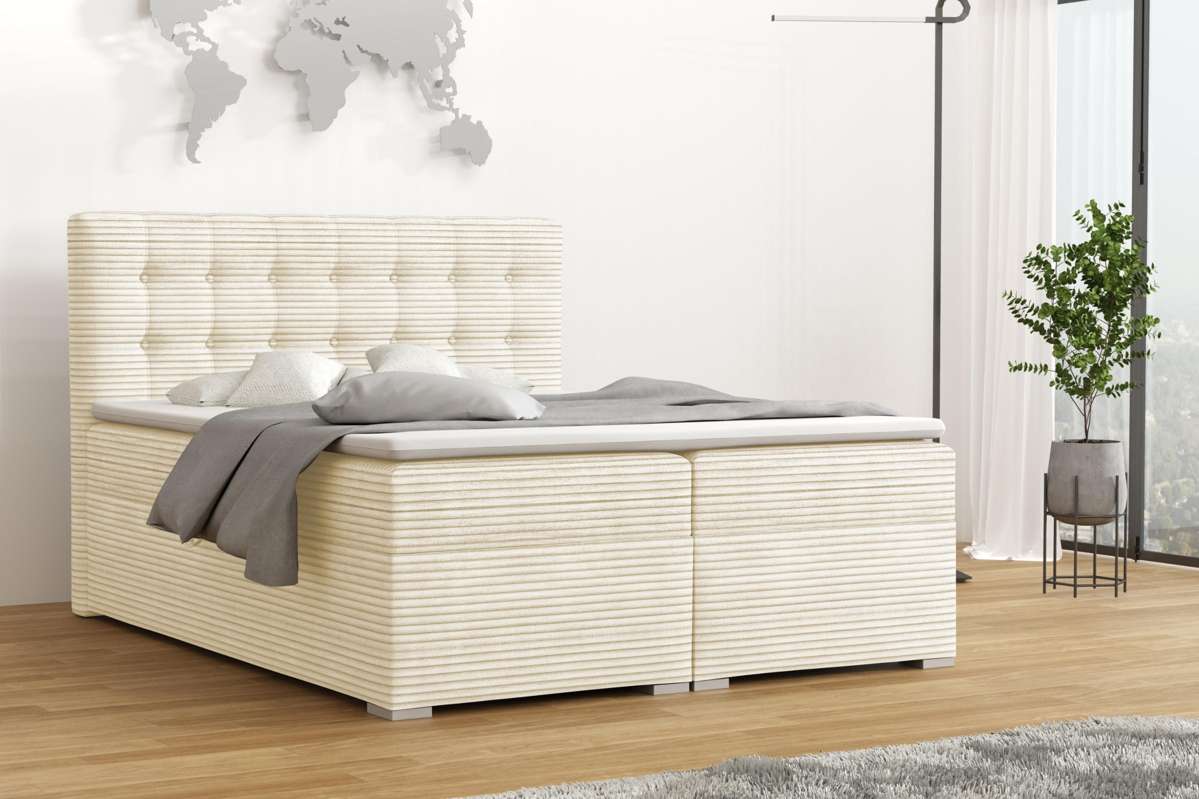 BOXBETT CARLY 140/200 in Cord Creme mit Taschen-Federkernmatratzen 7 Zonen H4 - Creme, Holz/Holzwerkstoff (140/200cm) - Deine Möbel 24