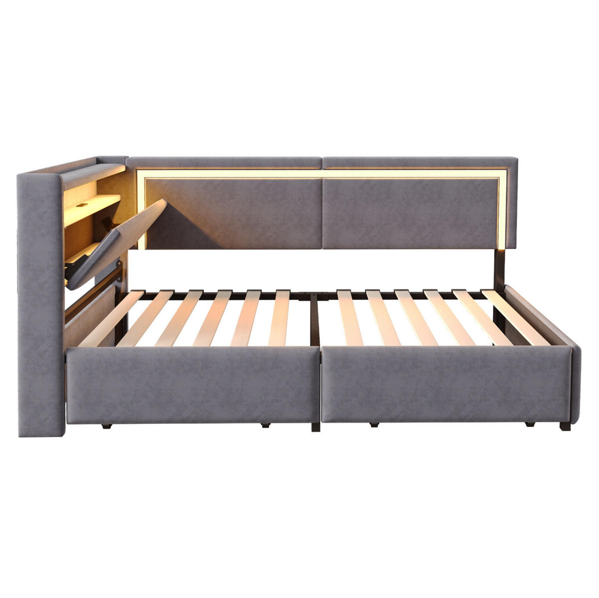 POLSTERBETT 90/200 cm mit LED-Beleuchtung, USB-Anschlüssen, Stauraum und Samtbezug, Dunkelgrau - Dunkelgrau, Textil (90/200cm) - Redom