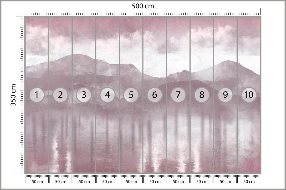 FOTOTAPETE für Wohnzimmer Neblige Berglandschaft Violet Bergpanorama Modern 500x350 - Violett/Rosa, Papier (500/350cm) - Muralo
