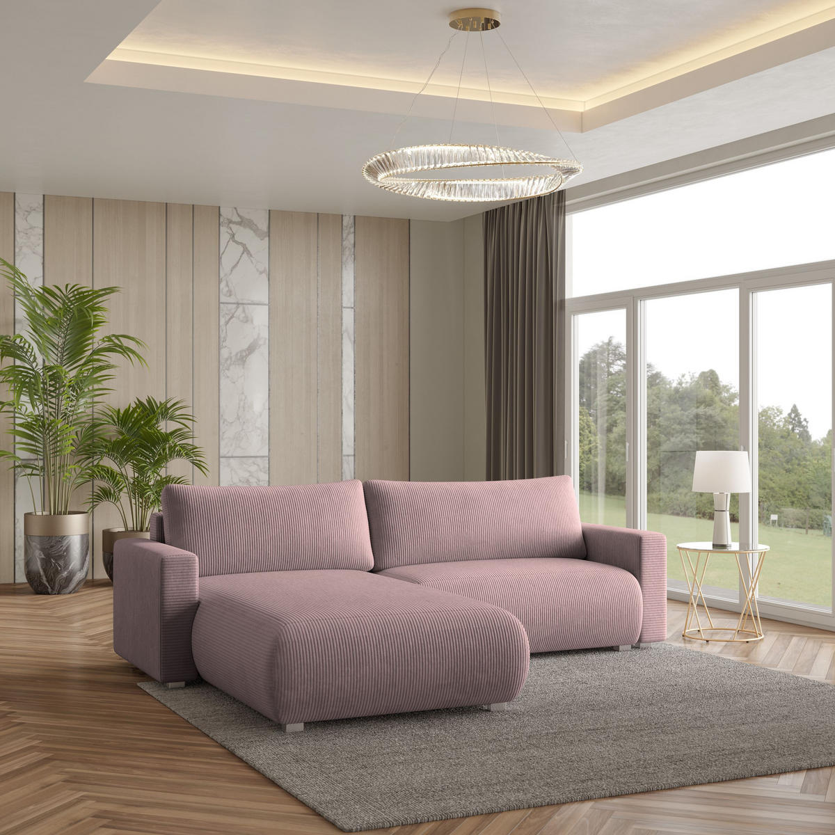 ECKSOFA TURIN P Lila Kordstoff mit Schlaffunktion - Lila, Holz (265/183cm) - MASSENO