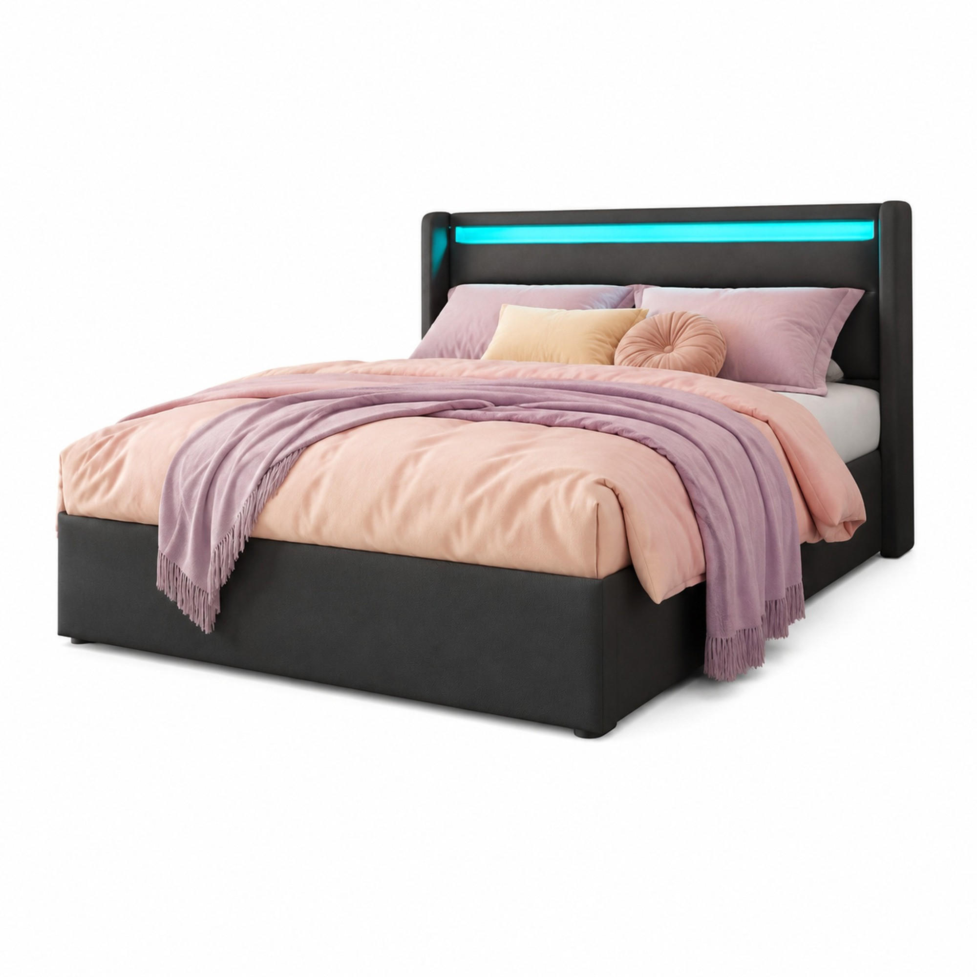 POLSTERBETT 140/200 cm in Grau mit Bettkasten und LED PU - Grau, Holzwerkstoff/Textil (140/200cm) - CHICFURN