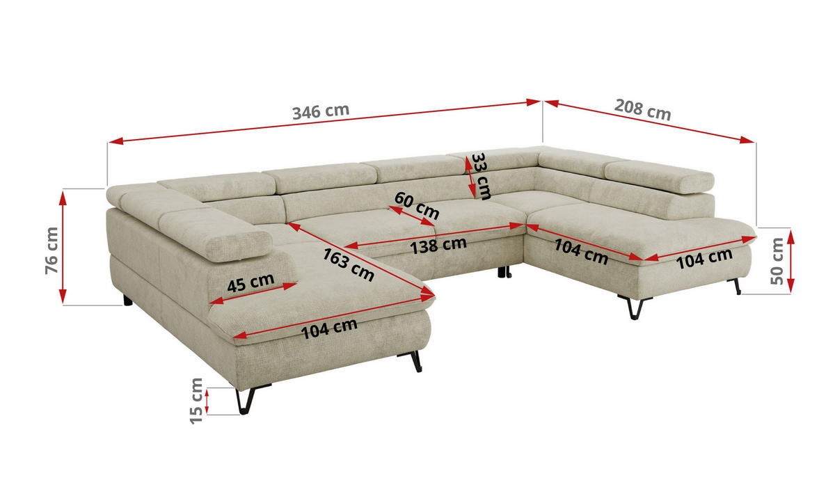 WOHNLANDSCHAFT PABLO U Schenille grob gewebt Creme mit Topper T25 - Creme/Schwarz, Textil/Metall (346/76/208cm) - MKS