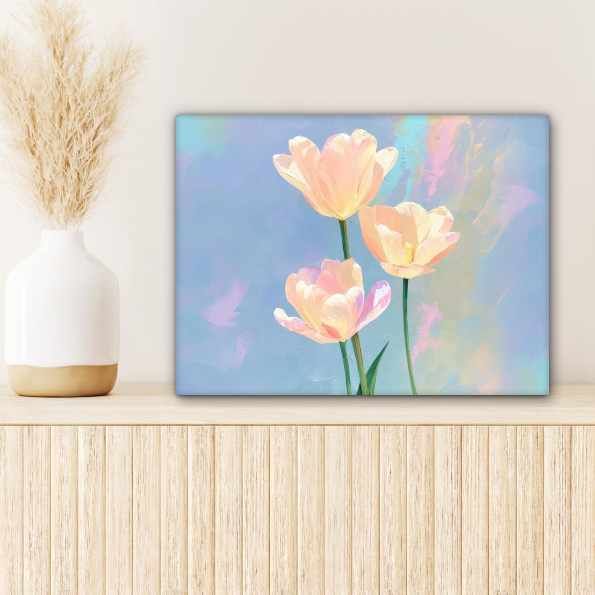 LEINWANDBILD Tulpen - Rosa Akzente - Blau Wandbild 40x30 cm - Pastellblau, Textil (40/30cm) - MuchoWow