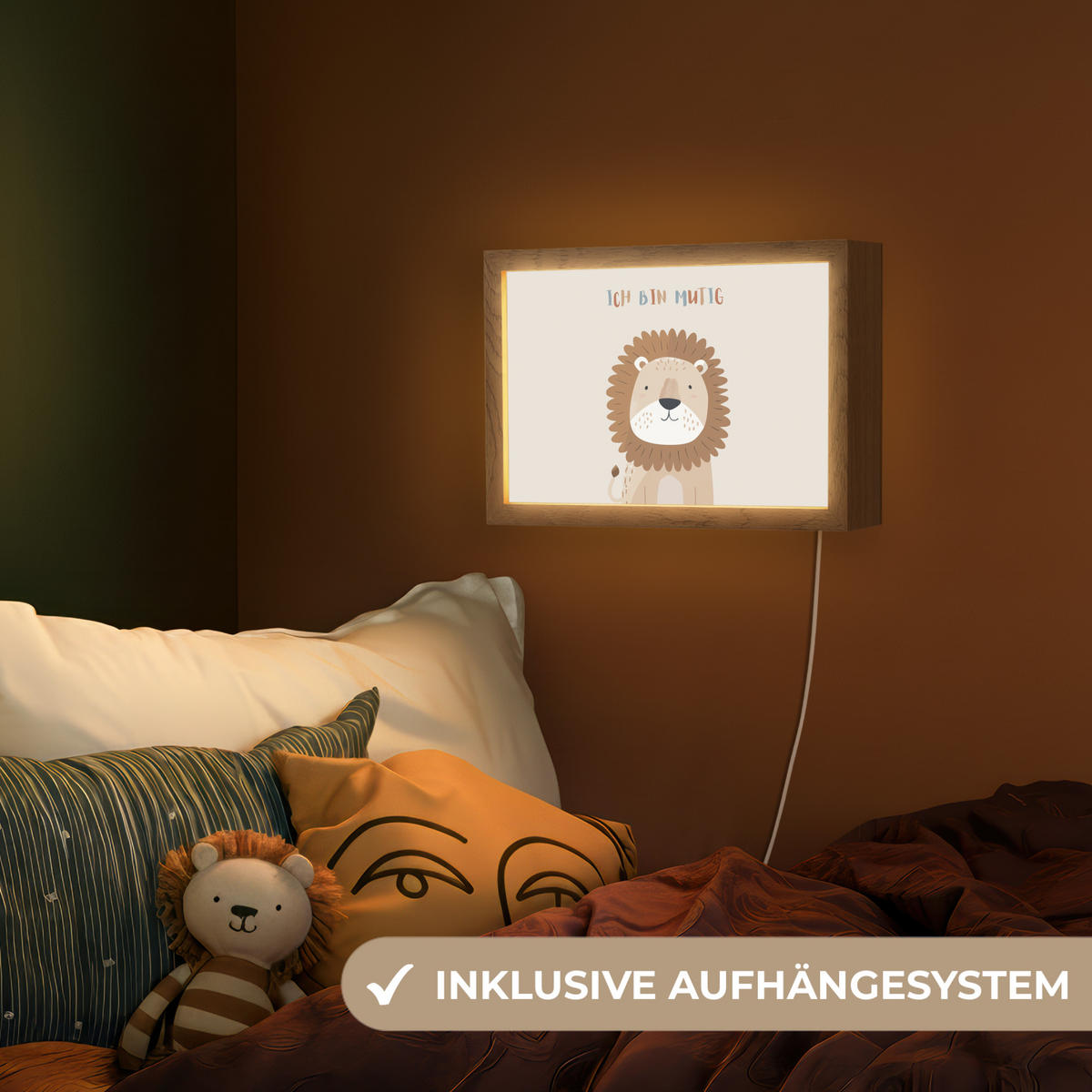 NACHTTISCHLAMPE Löwe - Beige - Tier - Mutig - Zitat 30x20 cm - Beige, Holzwerkstoff (8/30/20cm)