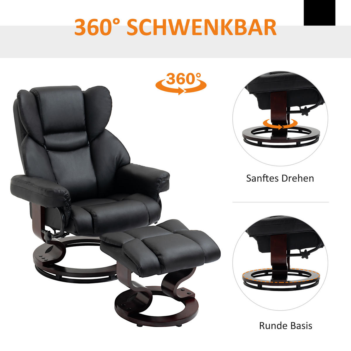 RELAXSESSEL mit Hocker, drehbarer Fernsehsessel, TV-Sessel mit Liegefunktion - Schwarz, Leder/Holz (79/100/80cm) - HOMCOM