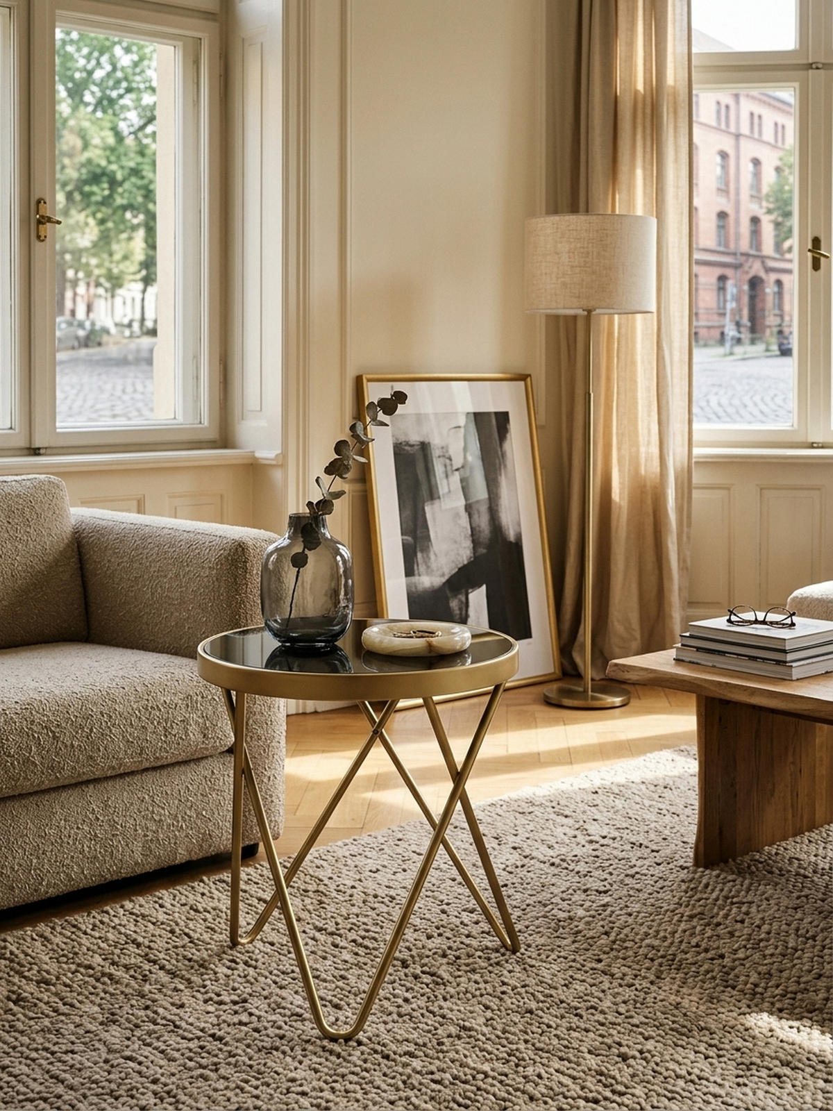 BEISTELLTISCH Glas Kupfer V-Gestell 70er-Jahre Design, Gold 42x42x46 cm - Goldfarben, Glas/Metall (42/42/46cm) - KADIMA DESIGN