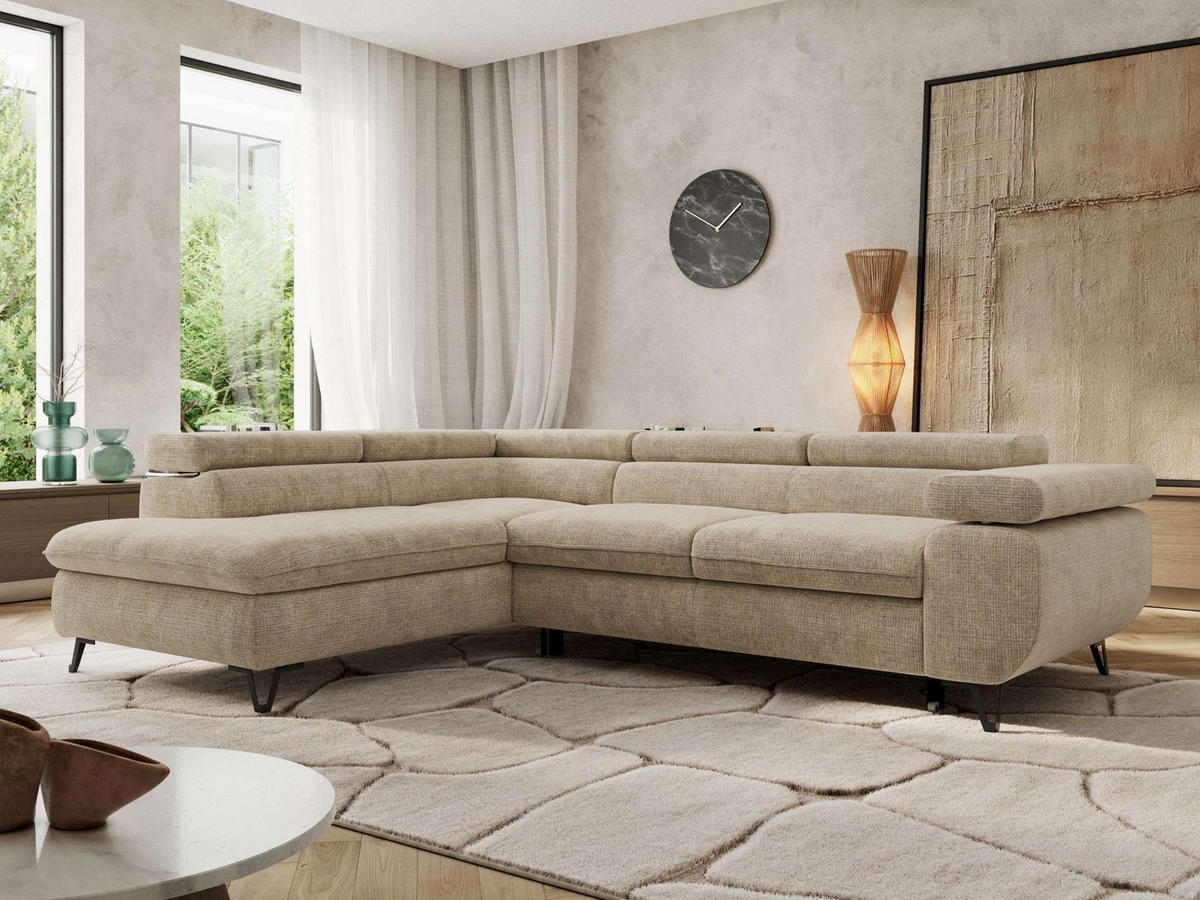 ECKSOFA PABLO L Beige Schenille grob gewebt - Links Seite mit Visco Topper - Beige/Schwarz, Textil/Metall (208/273cm) - MKS