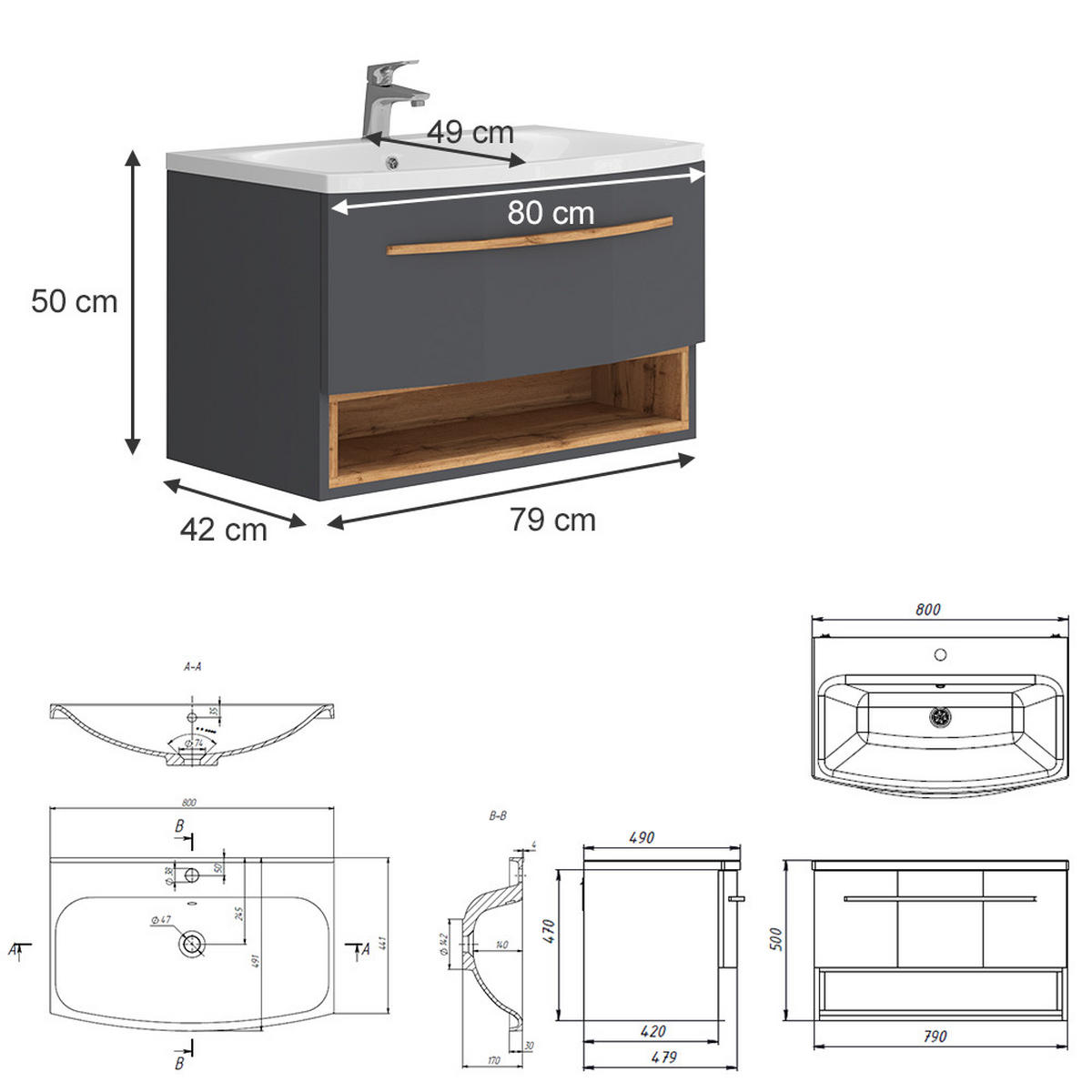 WASCHTISCHKOMBI Stelantis Anthrazit 2 Teile - Eichefarben/Anthrazit, Holzwerkstoff (79/50/42cm) - Vicco