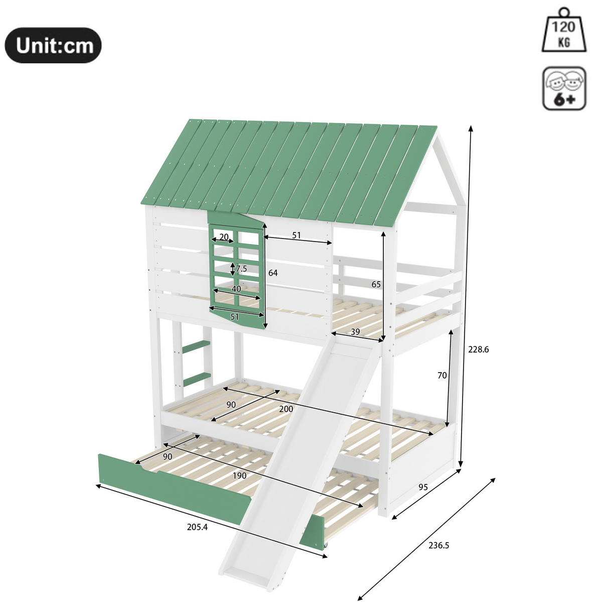 ETAGENBETT aus Kiefer und MDF 90x200 cm Weiß/Grün mit Rutsche, Ausziehbett und Hausdach - Weiß, Holzwerkstoff (90/200cm) - Modfu