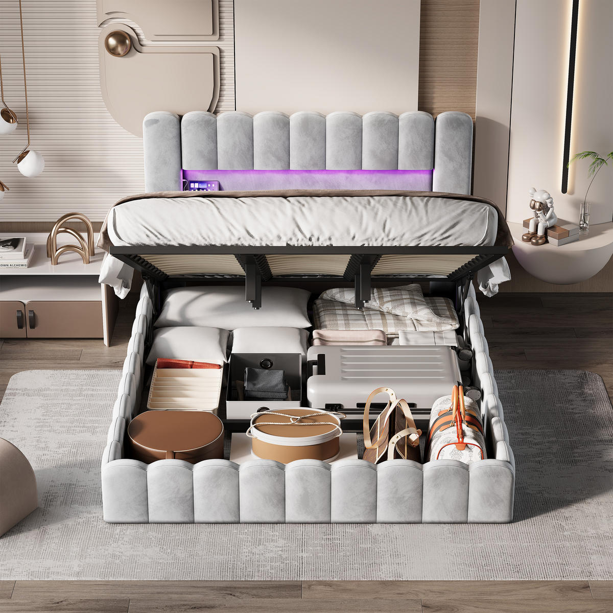 POLSTERBETT 180x200 cm Bubble Design LED USB Stauraum grau - Grau, Holz (180/200cm) - LEBENLANG