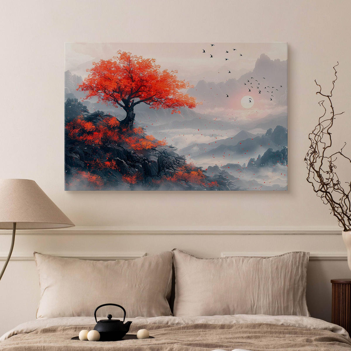 LEINWANDBILD für Esszimmer Baum Berge Landschaft 70cm x 50cm - Beige/Rot, Textil (70/50cm) - Muralo