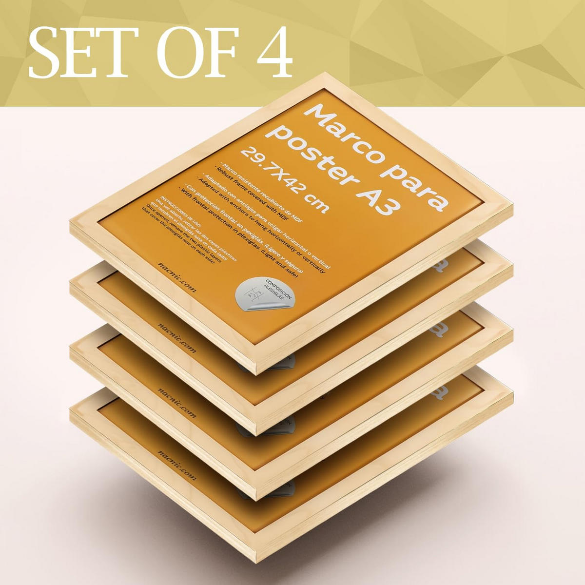 RAHMEN Set mit 4 aus MDF und Acrylglas Schutz und Aussteller für Fotografien, Bilder, Poster, Gemälde, Dekoration für Haus Farbe Hellholz A3 - Beige, Holz (29.7/3/42cm) - Nacnic