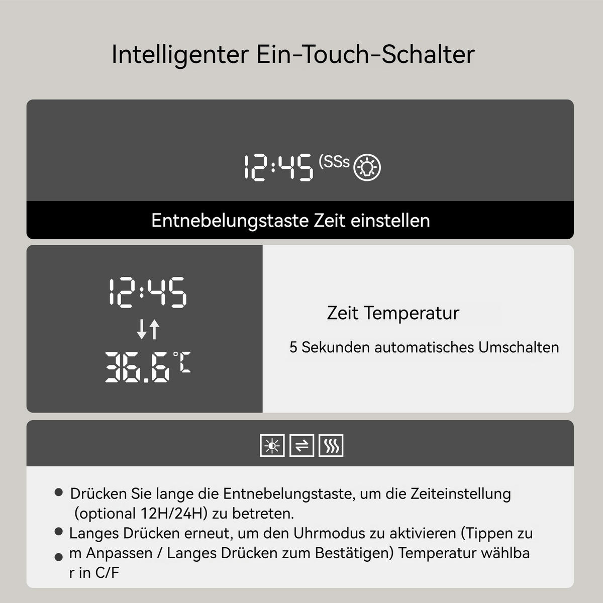 LED Badezimmerspiegel 120x70x3cm Schwarz-Silber,dimmbar,3 Farben,mit Entspiegelung & Temperatur-Anzeige - Silberfarben, Glas (3/120/70cm) - Modfu