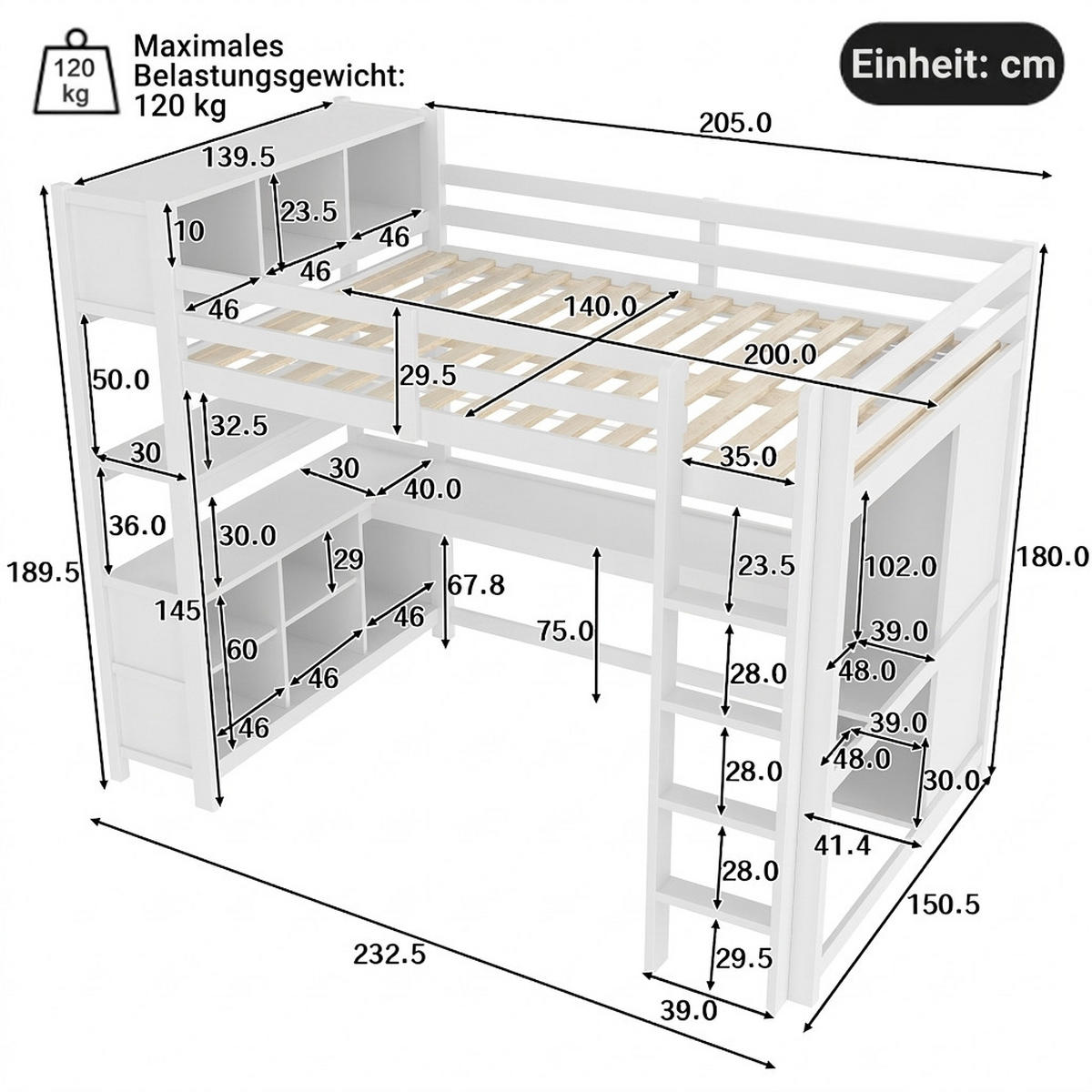 HOCHBETT 140/200 cm Weiß mit mehrere Ablagefächer, Schreibtisch und Kleiderschrank - Weiß, Holz (140/200cm) - Oxeza