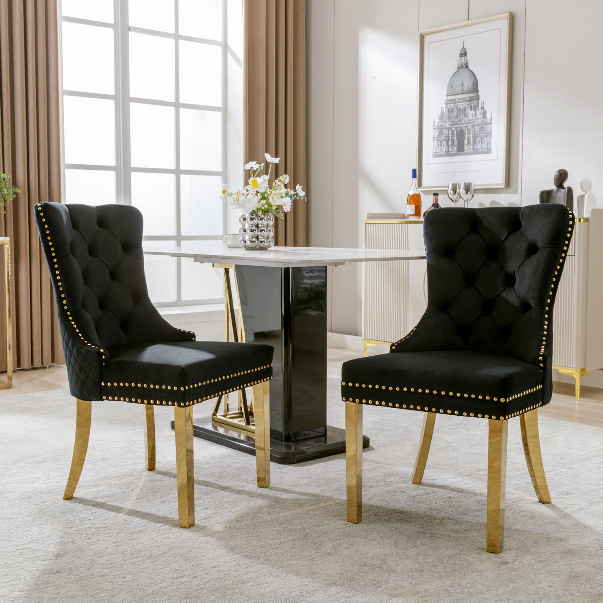 ESSZIMMERSTUHL 2-Tlg Samt Schwarz Gold, Nagelkopf, Gold Beine - Schwarz, Textil (50.5/95/45cm) - FLIEKS
