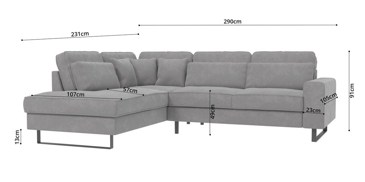 ECKSOFA Zuri Hellgrau Samt - Hellgrau/Schwarz, Holz/Kunststoff (290/231cm) - S-Style Möbel