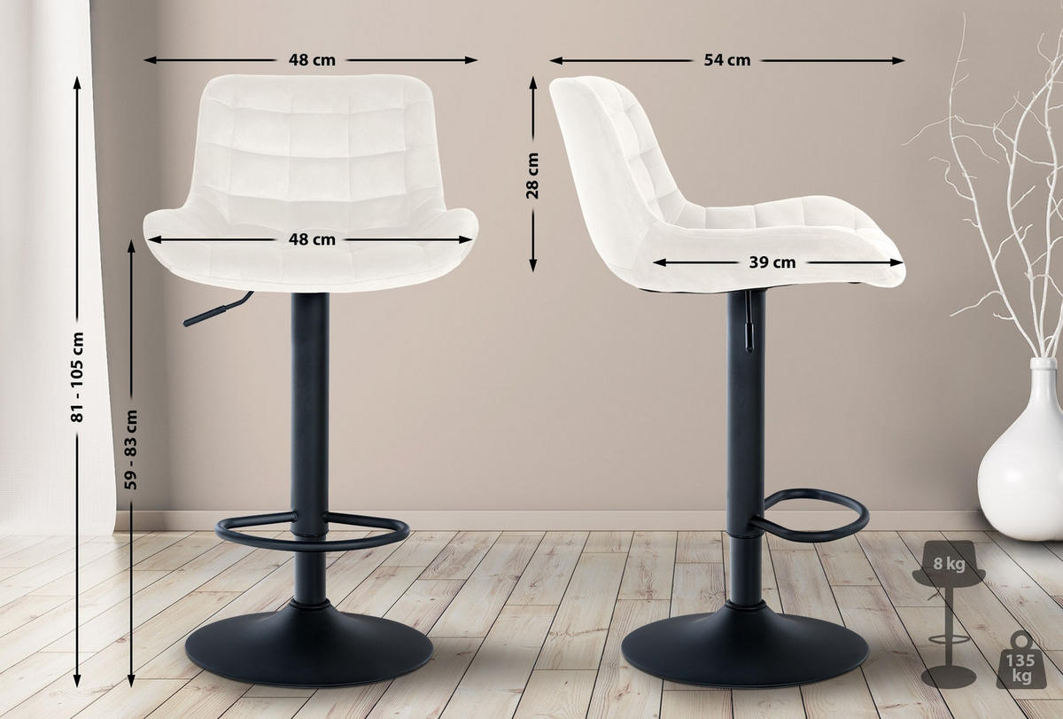 BARHOCKER 2er Set Samt creme - Creme/Schwarz, Textil/Metall (48/81/54cm) - CLP