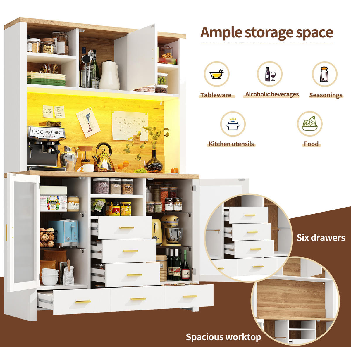 BUFFET 120/180/40 cm Weiß mit Holzdekor aus MDF und Glas mit LED-Lichtleiste - Weiß, Holzwerkstoff (40/188/120cm) - OKMYHOME